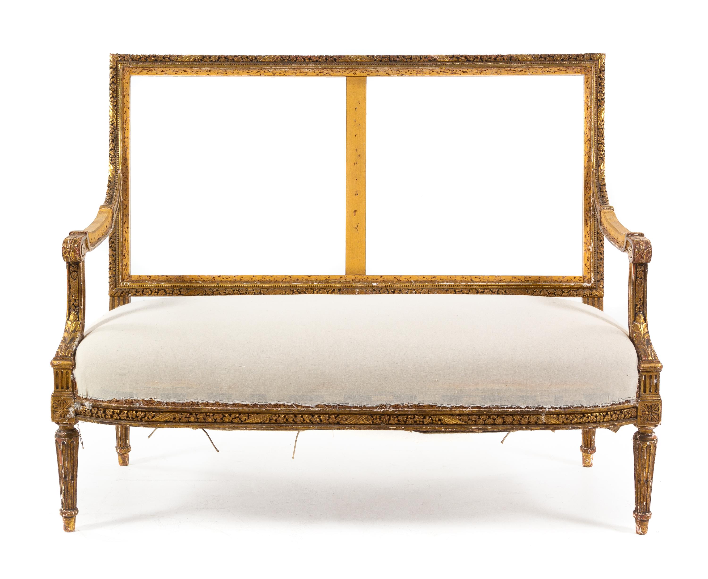 A Louis XVI Style Giltwood Canape Height 38 1/2 x width 50 1/2 x depth 24 1/2 inches. — 19TH CENTURY