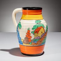 Clarice Cliff (English, 1899–1972) — Orange Roof Cottage pattern Lotus Jug