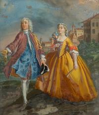 A French Reverse-Painted Glass Picture with Rococo Style Cast Metal Easel