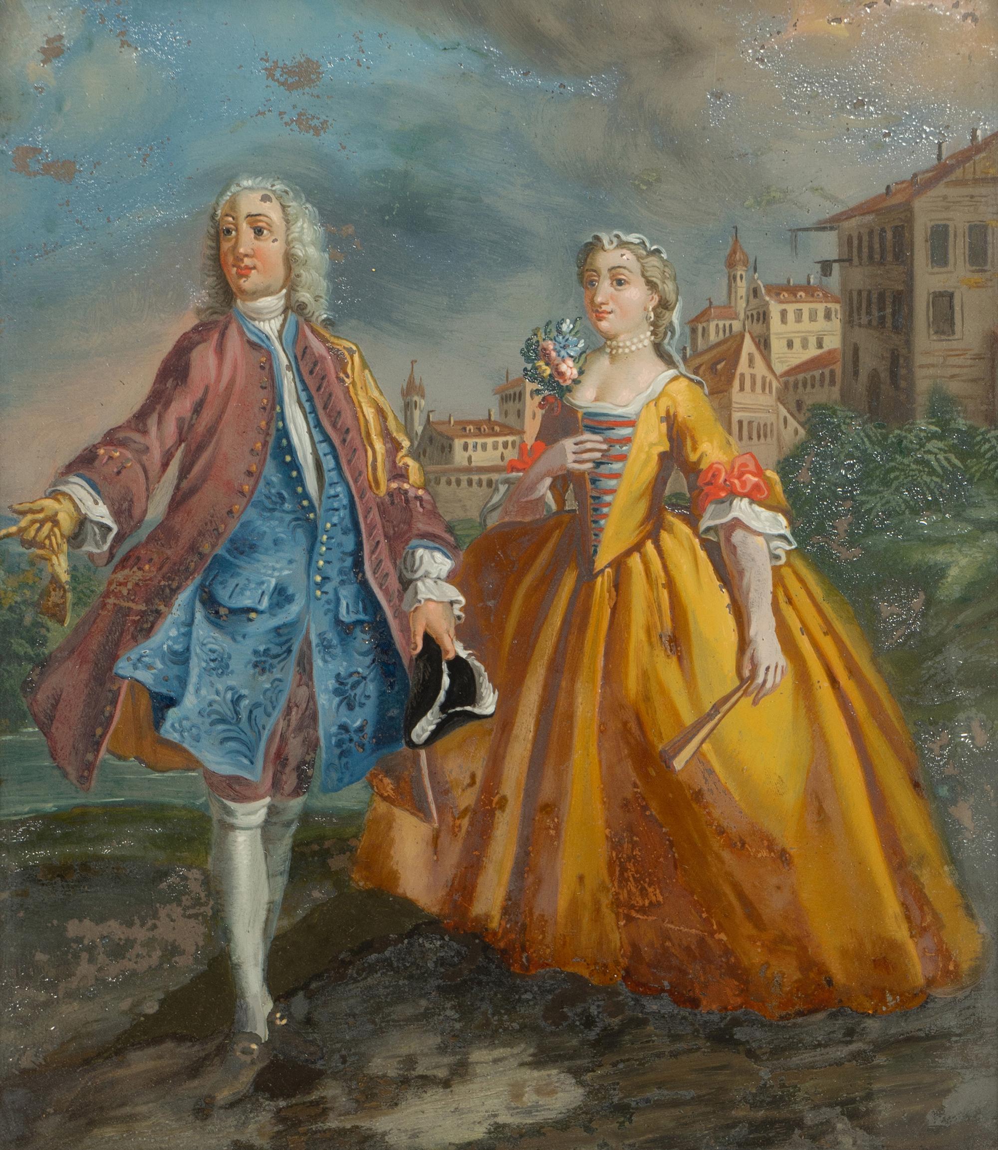 A French Reverse-Painted Glass Picture with Rococo Style Cast Metal Easel