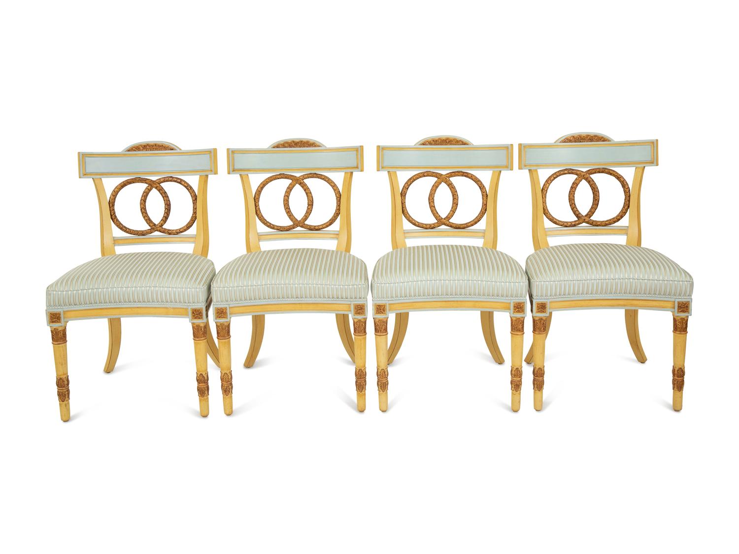 Eight Neoclassical Style Painted and Parcel Gilt Dining Chairs