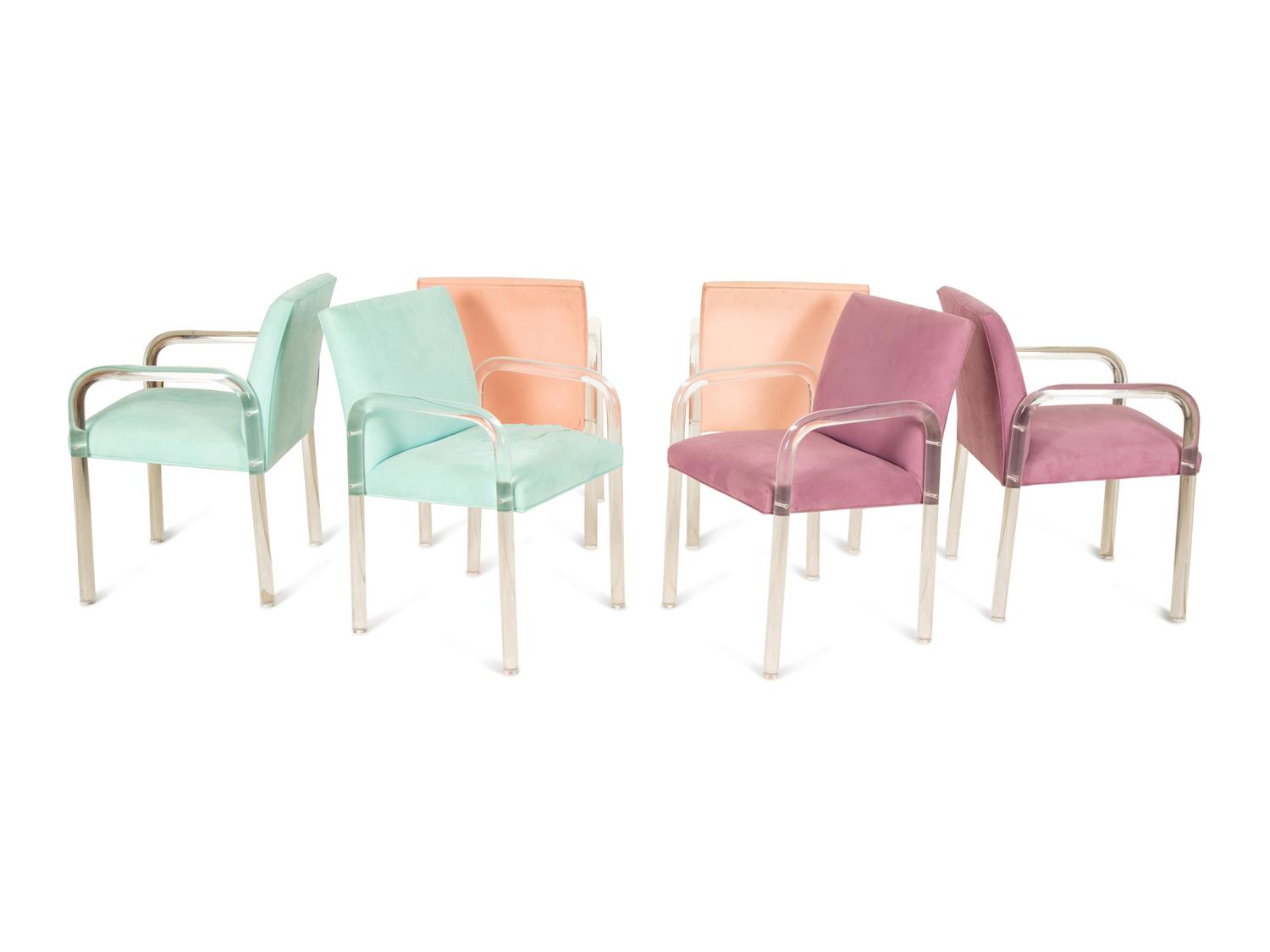 Eight Lucite and Upholstery Open Armchairs