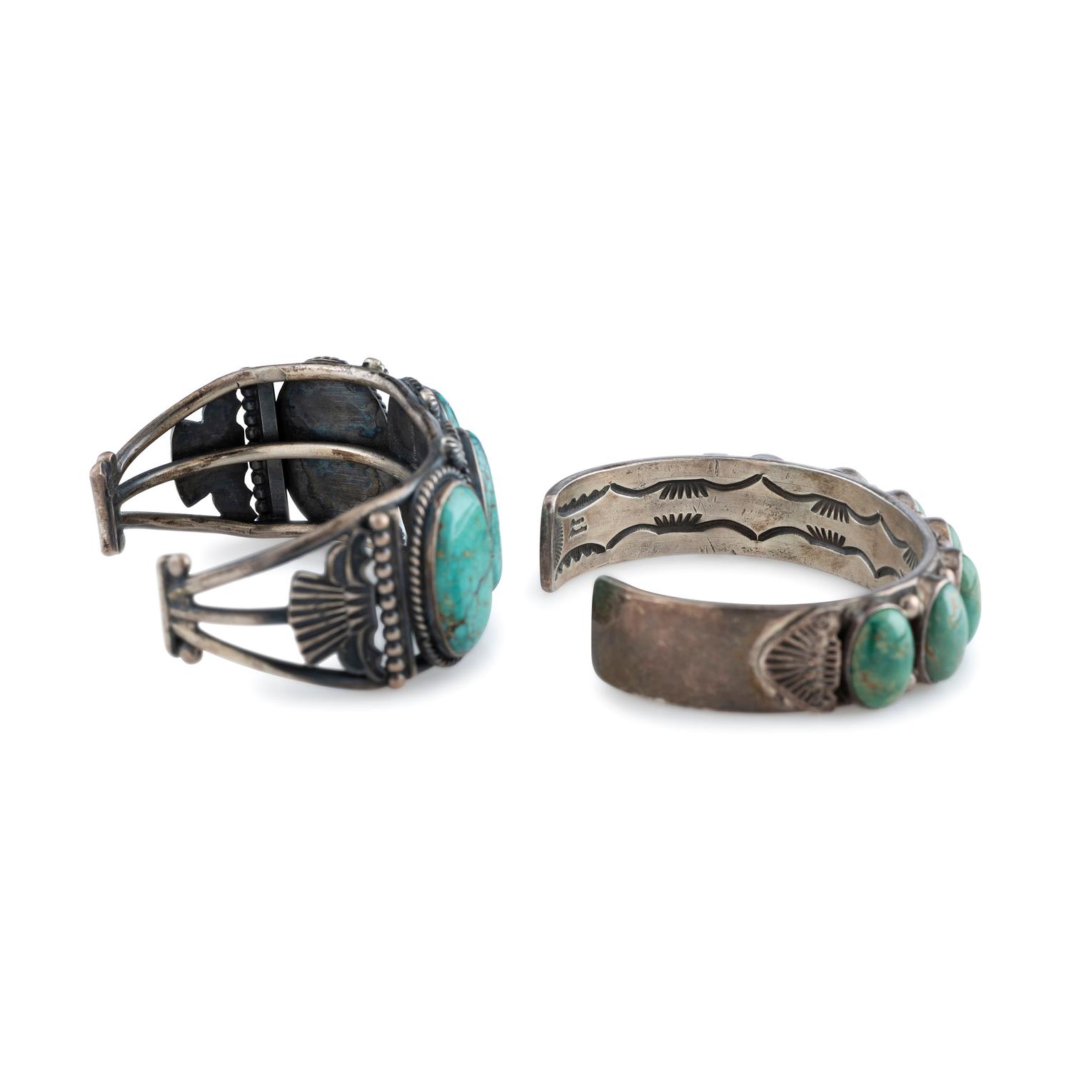 Pair of Sterling Silver and Turquoise Cuff Bracelets