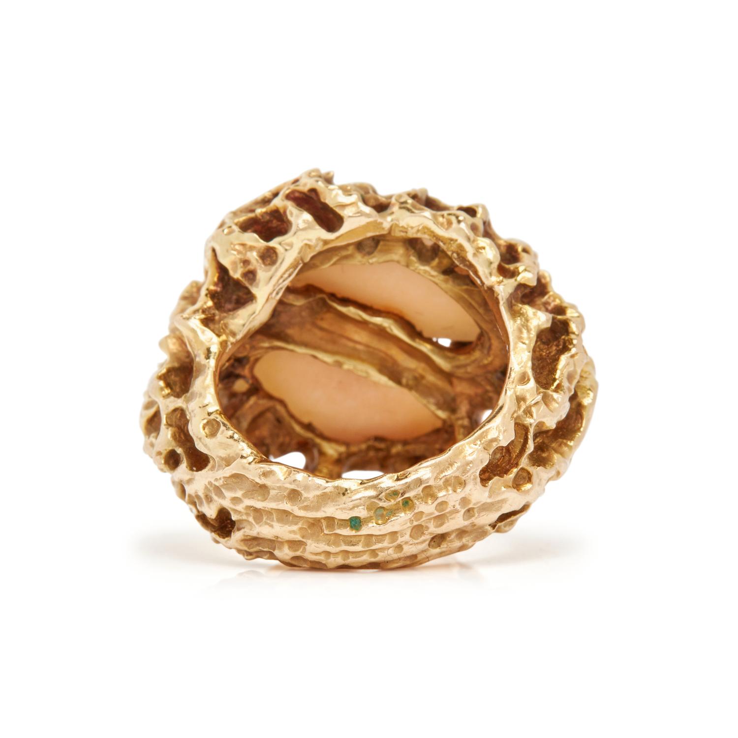 YELLOW GOLD AND ANGEL SKIN CORAL RING