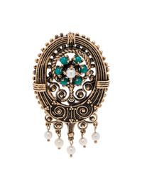 YELLOW GOLD, CULTURED PEARL AND TURQUOISE PENDANT/BROOCH