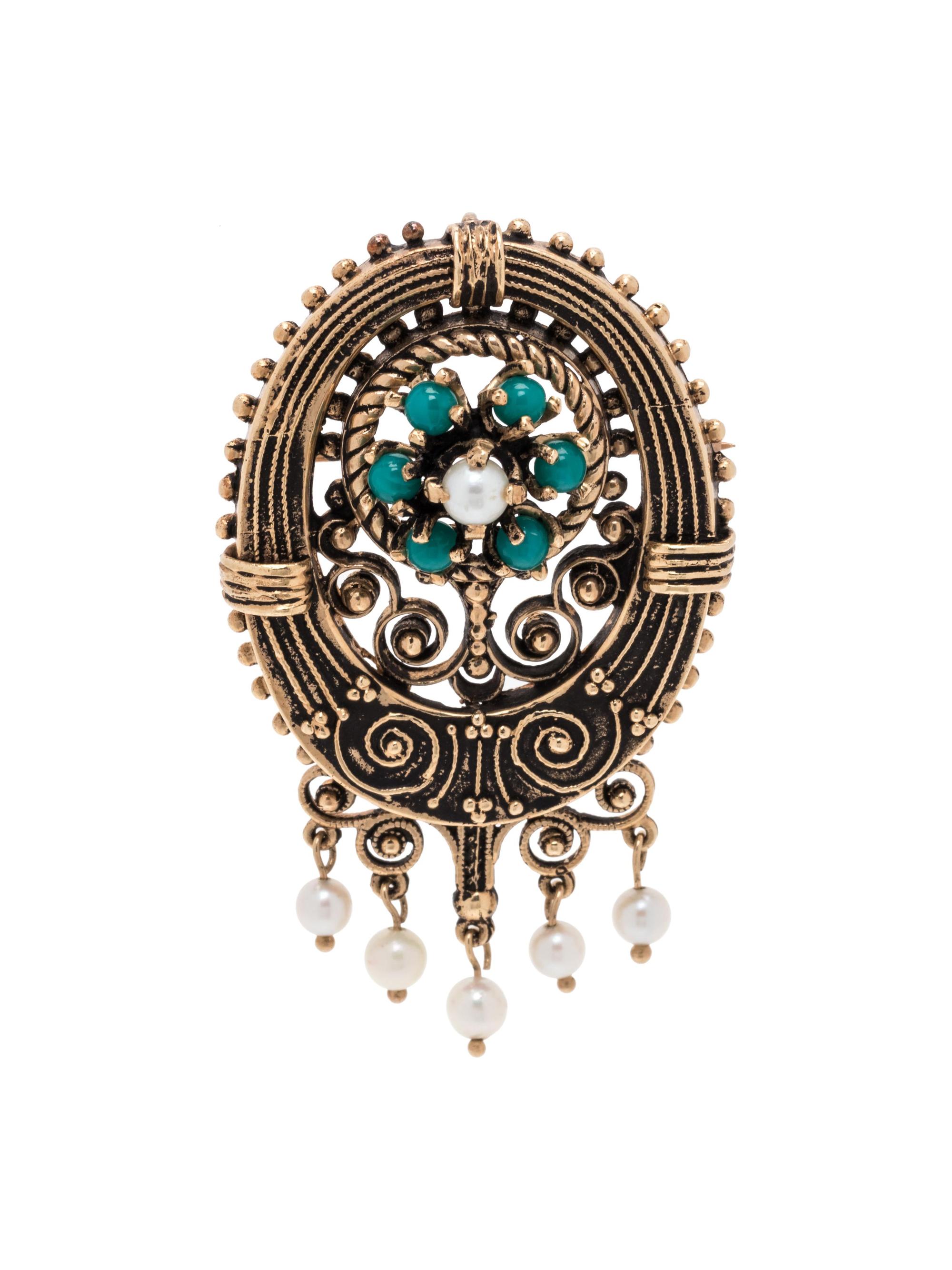 YELLOW GOLD, CULTURED PEARL AND TURQUOISE PENDANT/BROOCH