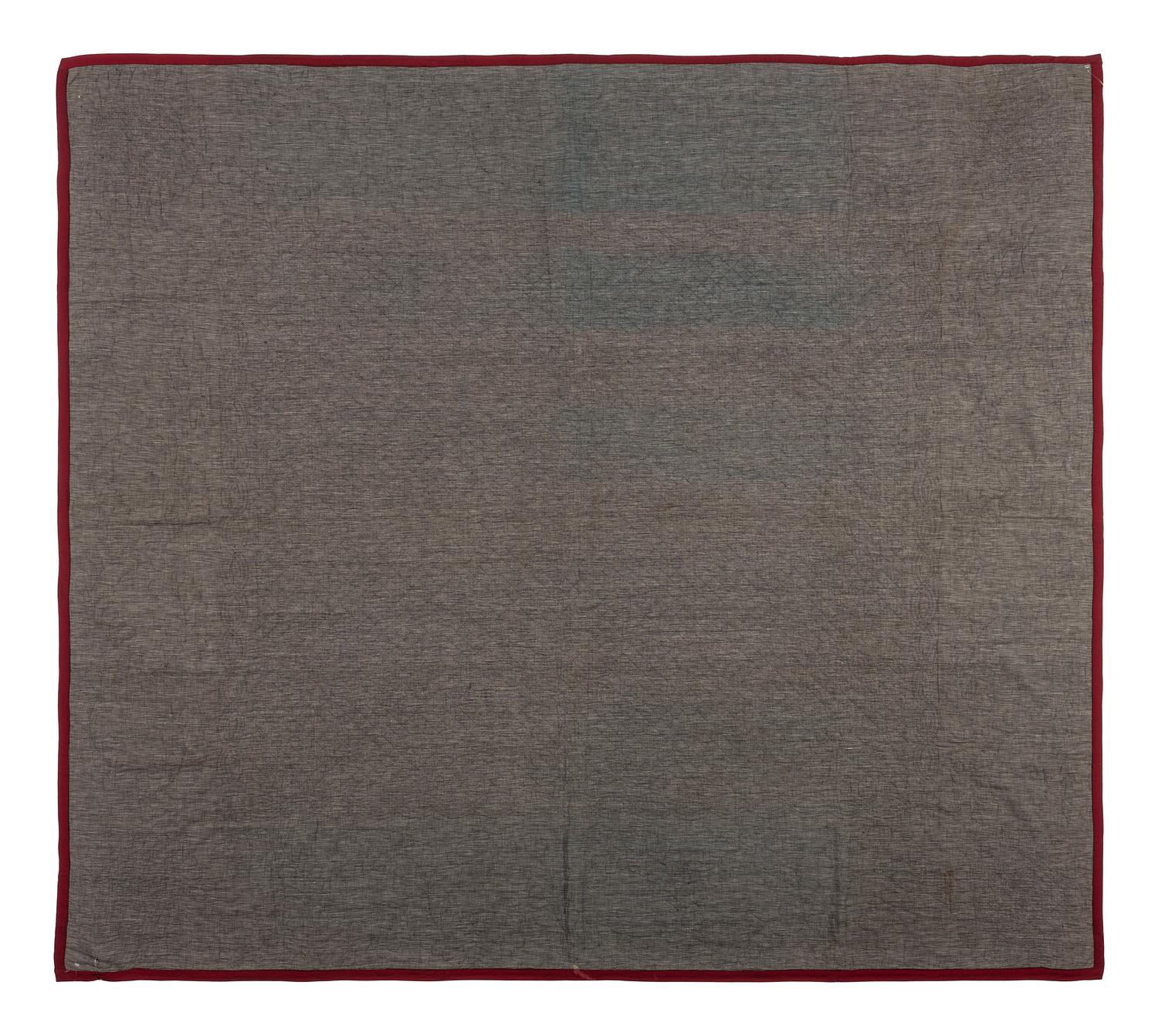 An Amish Gray and Maroon Bars Pattern Wool and Flannel Quilt