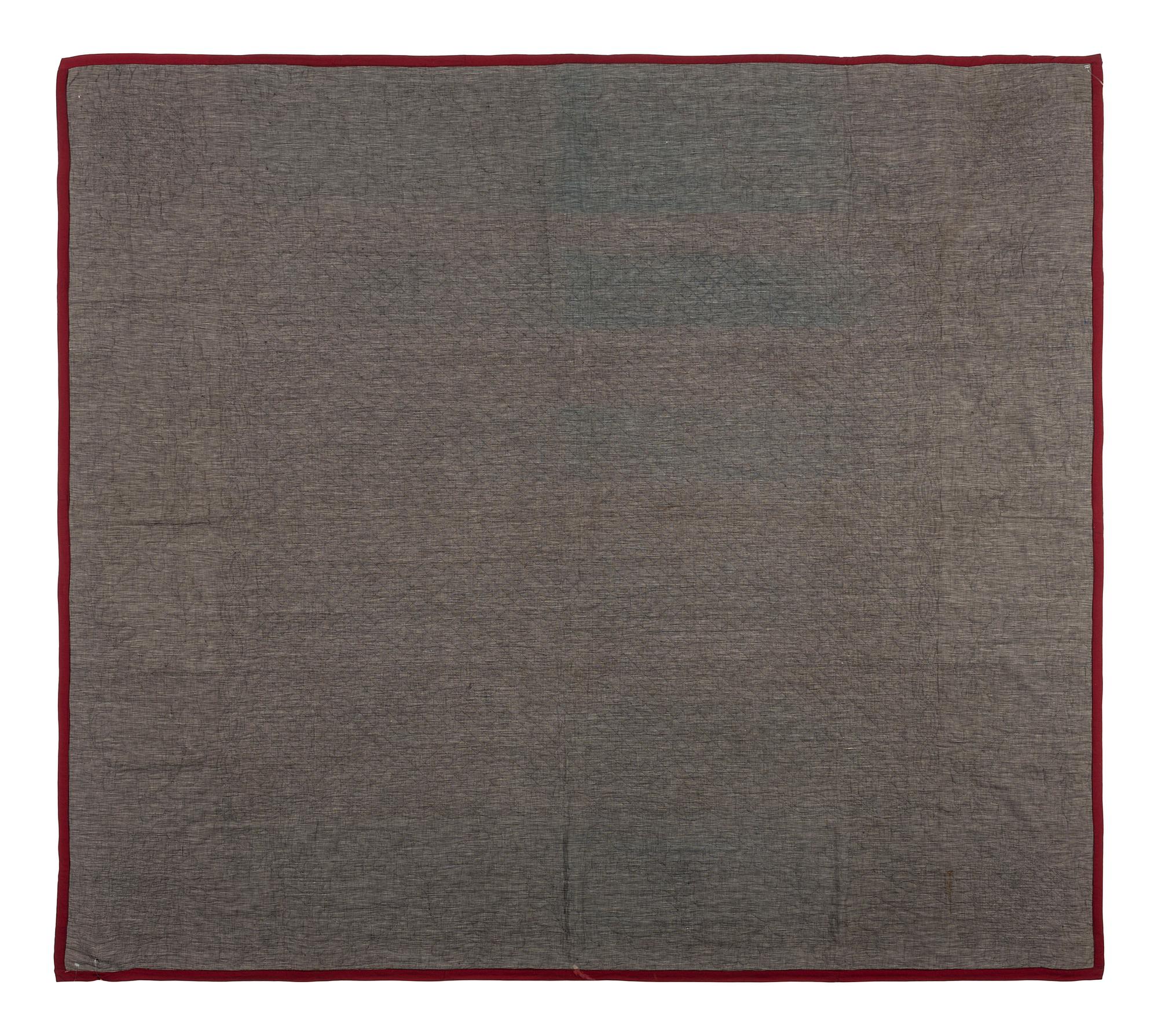 An Amish Gray and Maroon Bars Pattern Wool and Flannel Quilt