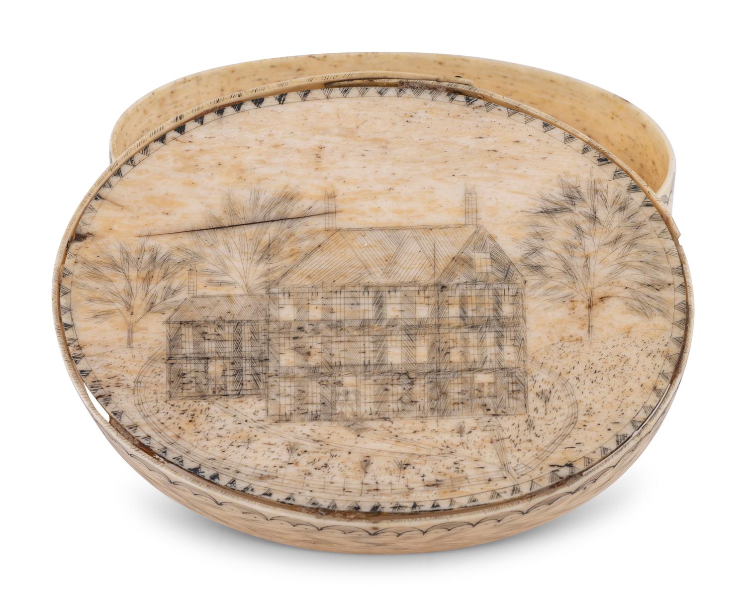 An Unusual Scrimshaw Panbone Oval Ditty Box With Engraved Surfaces and Panbone Bottom