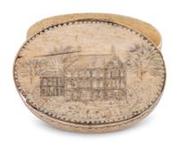 An Unusual Scrimshaw Panbone Oval Ditty Box With Engraved Surfaces and Panbone Bottom