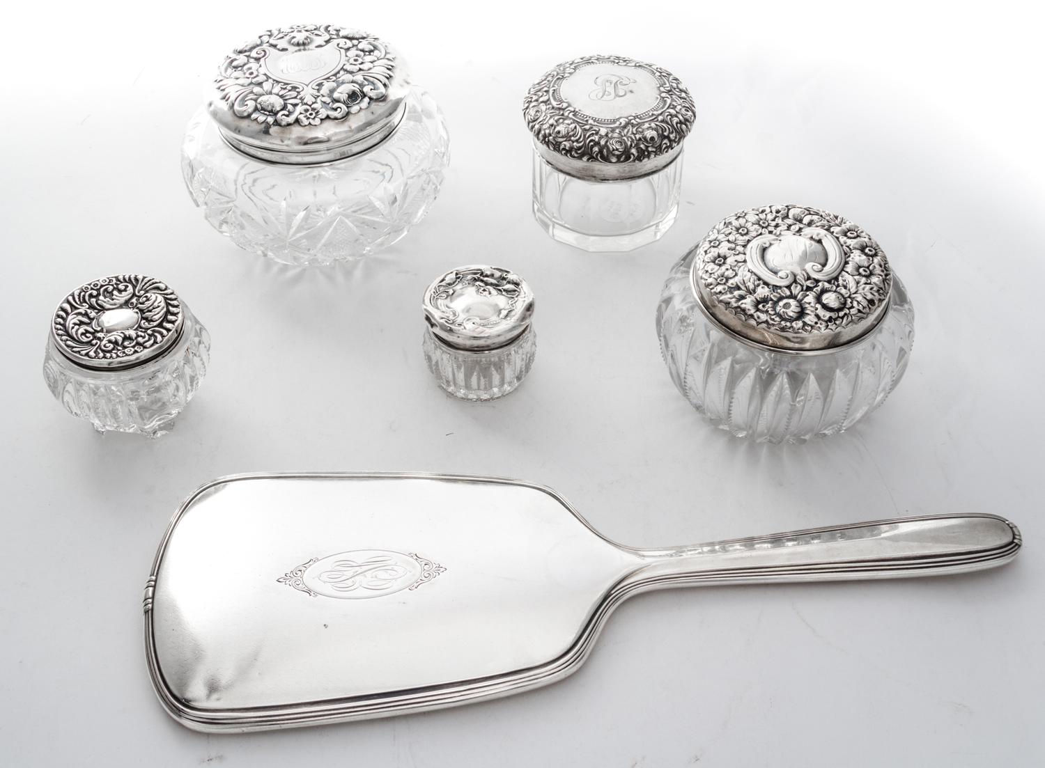 A Collection of Six American Silver Mounted Dresser Articles, Various Makers, comprising five cut glass jars with silver lids and a sil