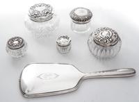 A Collection of Six American Silver Mounted Dresser Articles, Various Makers, comprising five cut glass jars with silver lids and a sil