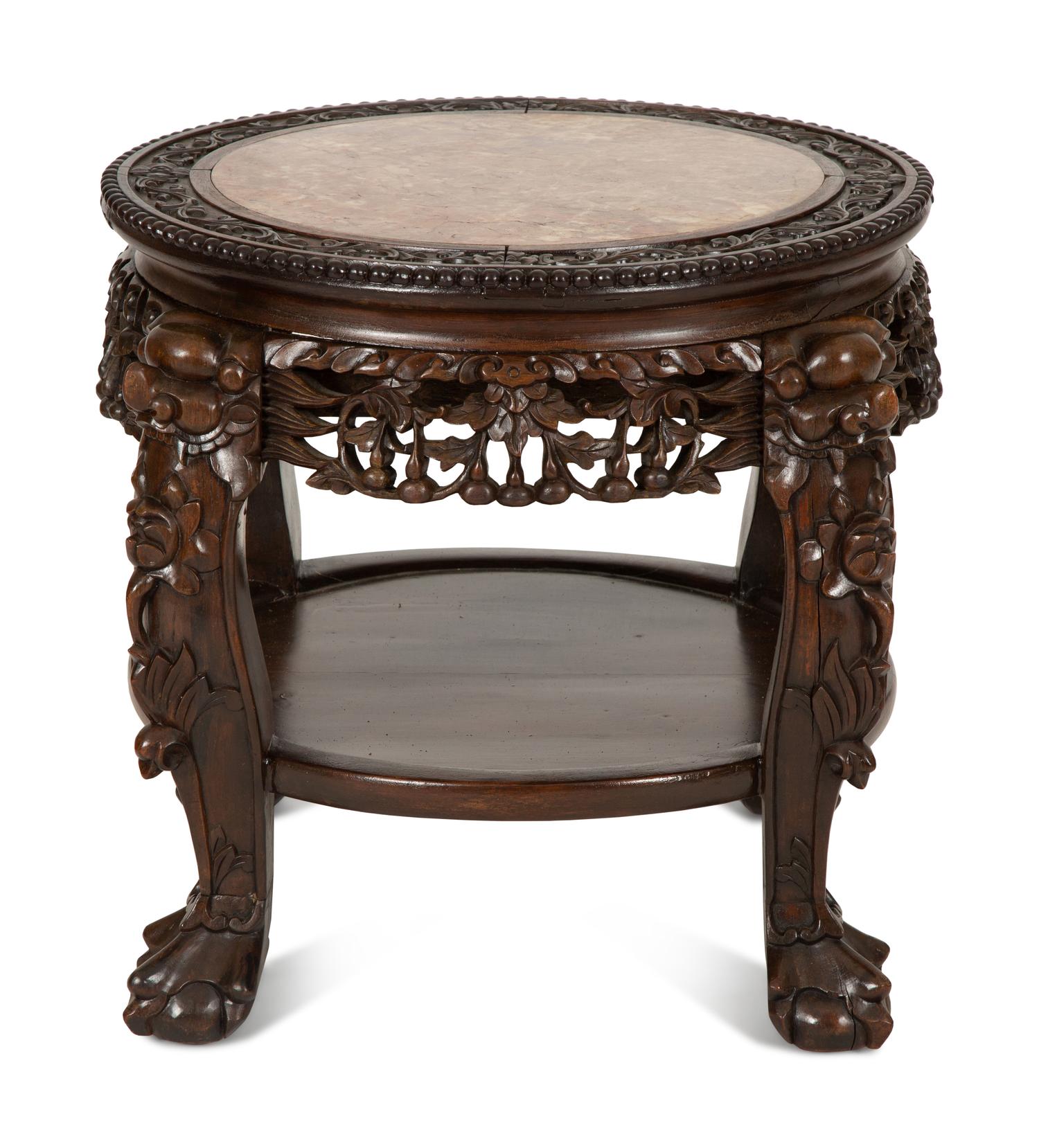 A Chinese Carved Hardwood Low Stand with Inset Marble Top