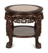 A Chinese Carved Hardwood Low Stand with Inset Marble Top