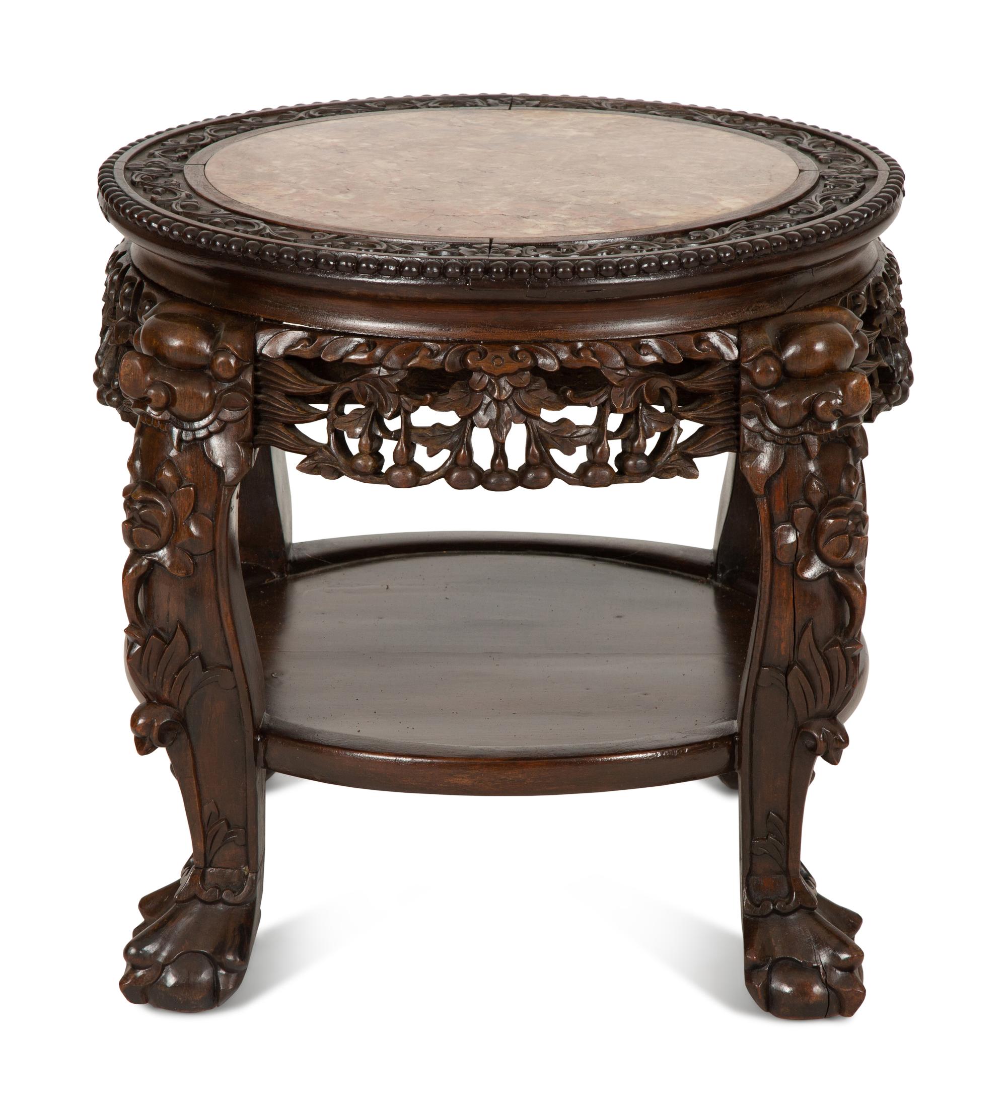 A Chinese Carved Hardwood Low Stand with Inset Marble Top