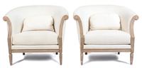 A Pair of Louis XVI Style Upholstered Bergeres Height 34 x width 38 x depth 32 inches. — 20TH CENTURY