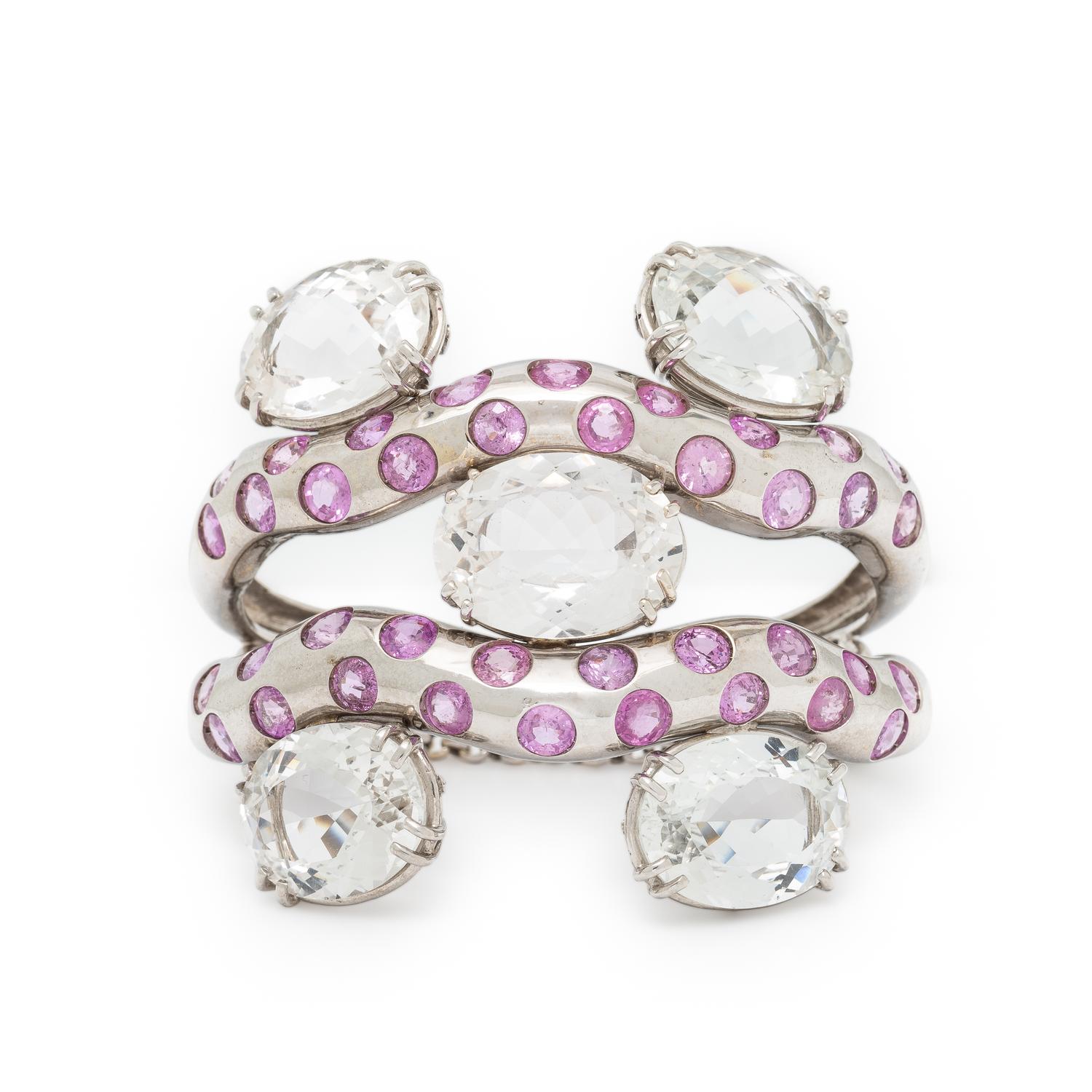 SAZINGG, PINK SAPPHIRE, WHITE TOPAZ, AND WHITE GOLD CUFF BRACELET