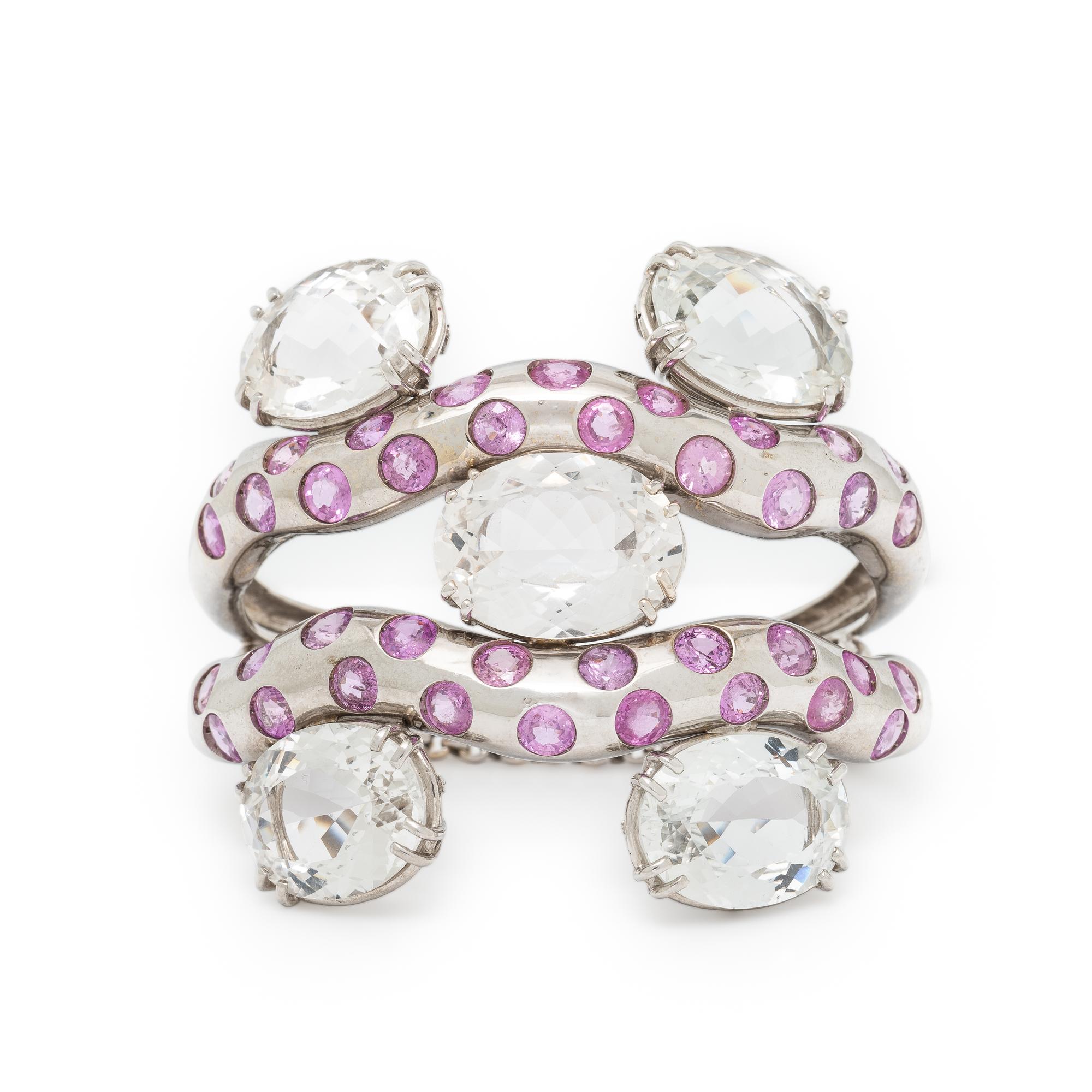 SAZINGG, PINK SAPPHIRE, WHITE TOPAZ, AND WHITE GOLD CUFF BRACELET