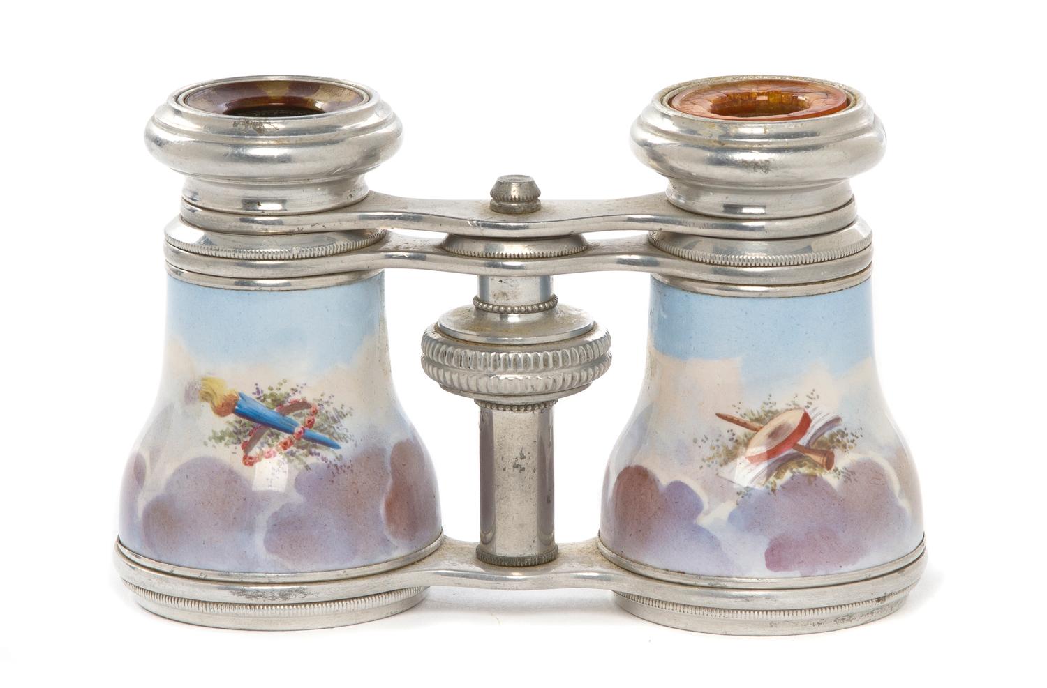 A Pair of French Enameled Opera Glasses, Width 4 1/8 inches.