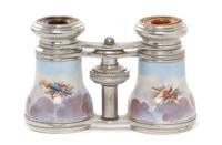 A Pair of French Enameled Opera Glasses, Width 4 1/8 inches.