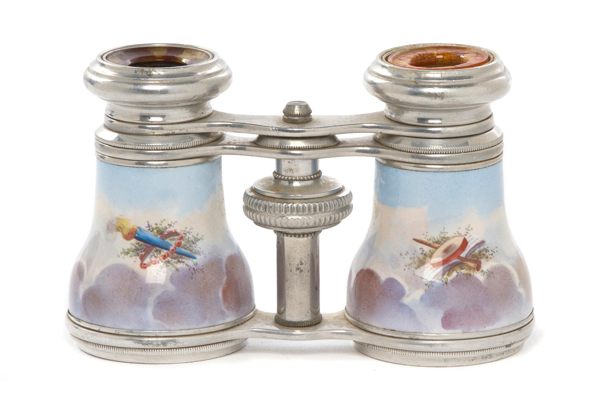 A Pair of French Enameled Opera Glasses, Width 4 1/8 inches.