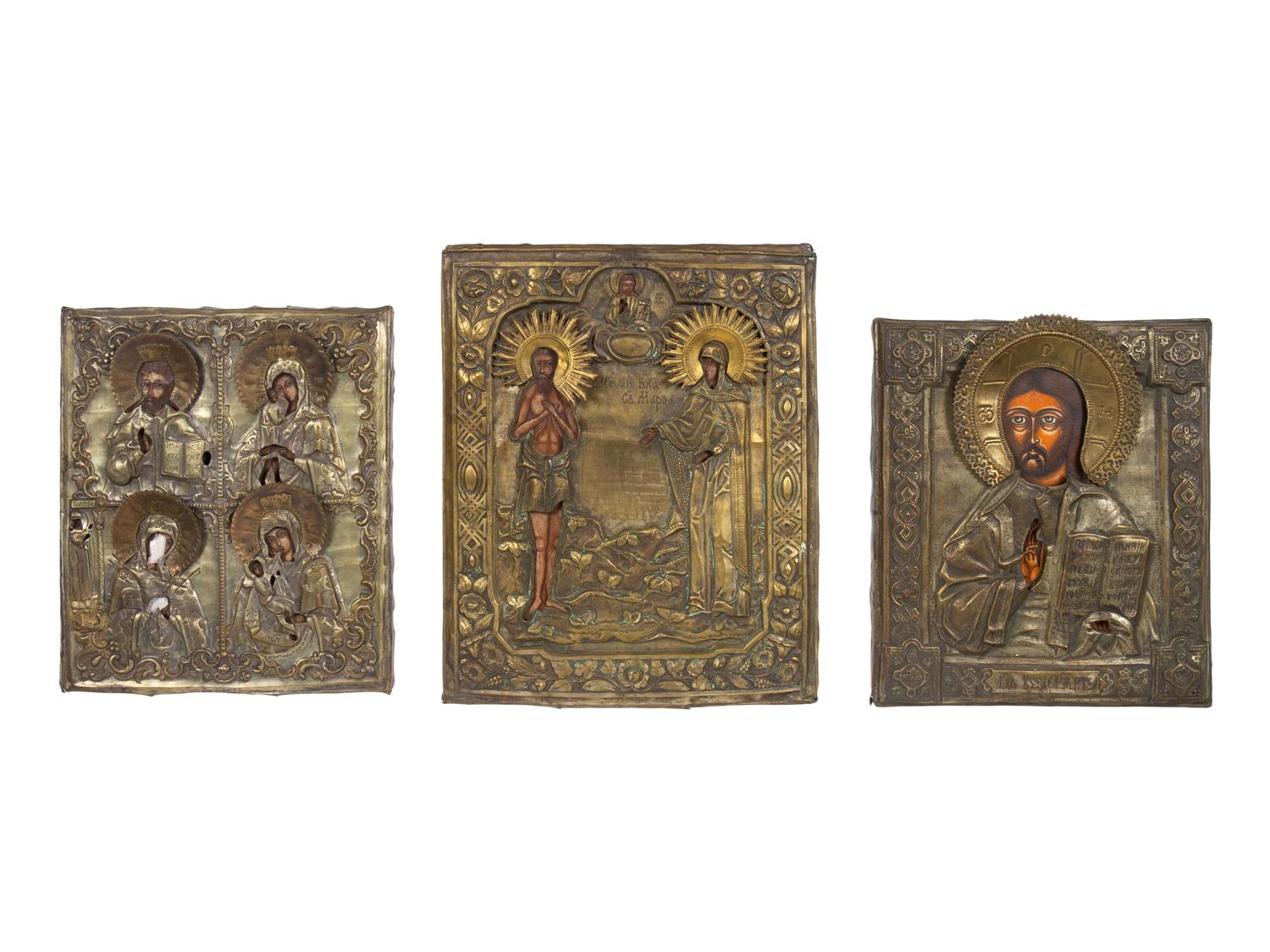 Three Russian Brass Oklad Mounted Icons