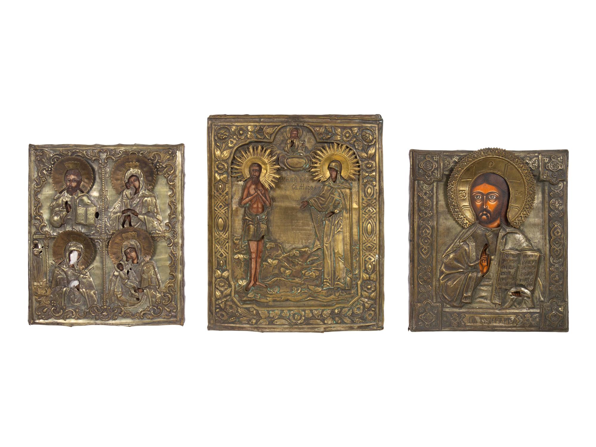 Three Russian Brass Oklad Mounted Icons