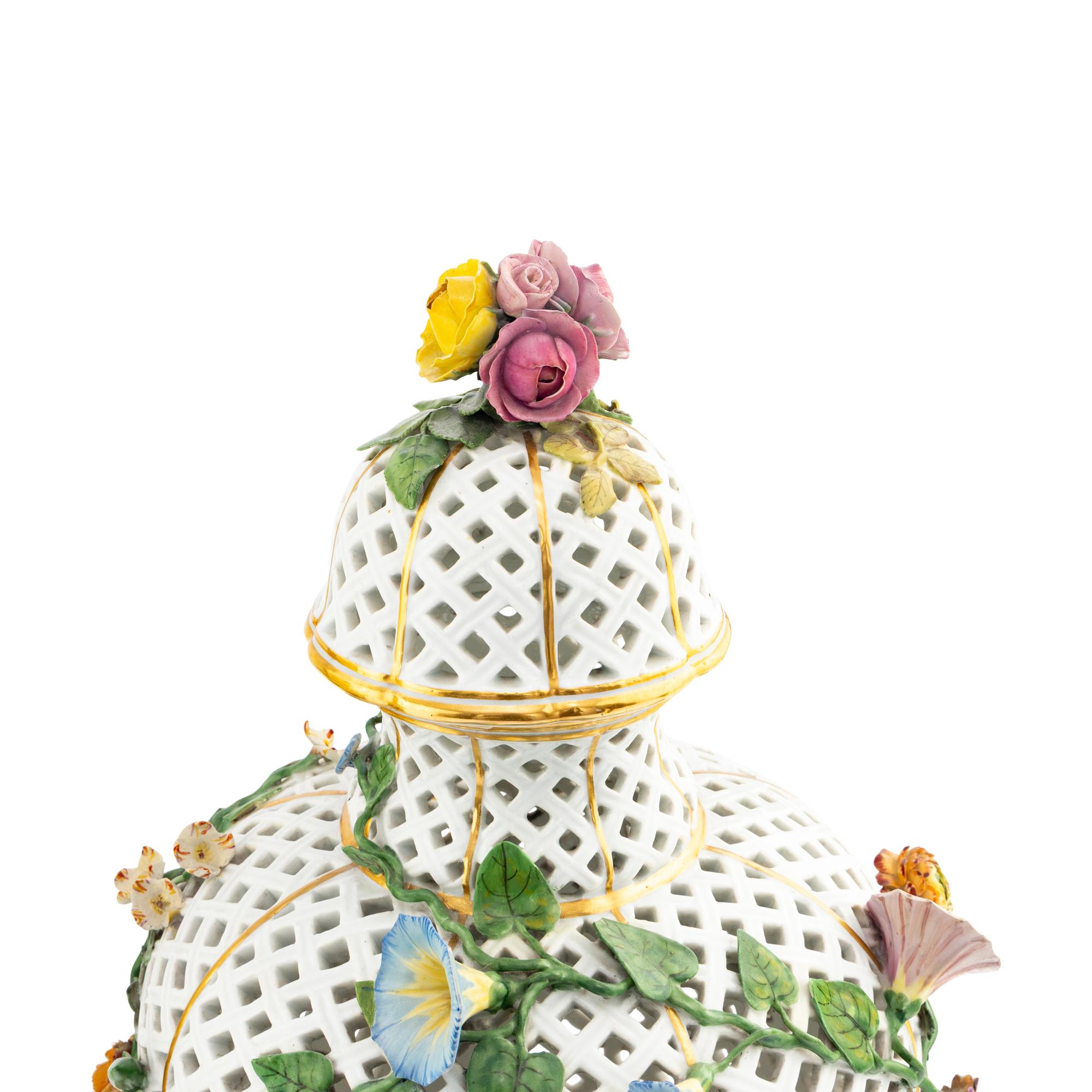 A Pair of Meissen Porcelain Reticulated Urns