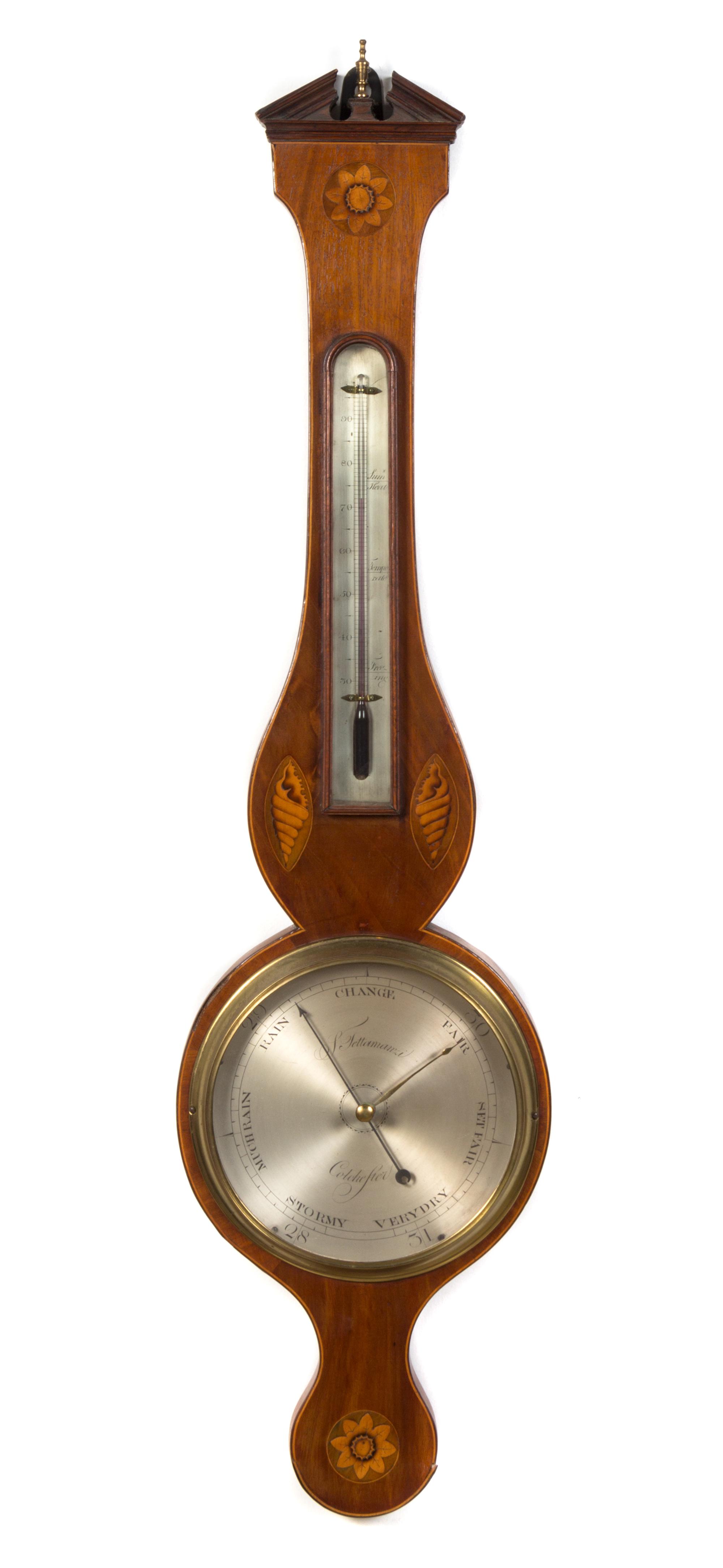 A Victorian Mother-of-Pearl Inlaid Rosewood Wheel Barometer Height 38 1/2 inches. — GEORGE ROSSI, NORWICH