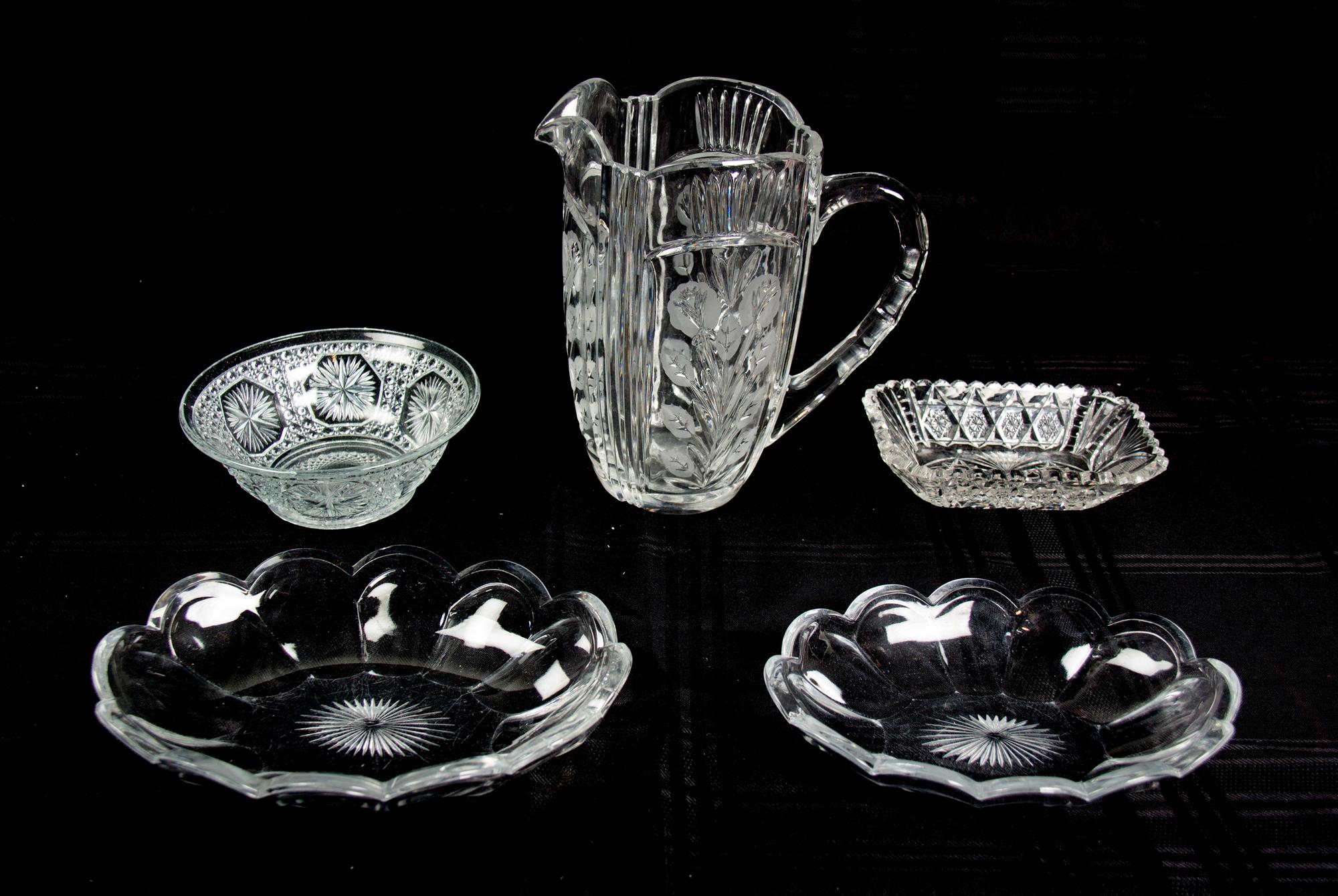 Five Cut and Molded Glass Decorative Articles Height of pitcher 8 1/4 inches.
