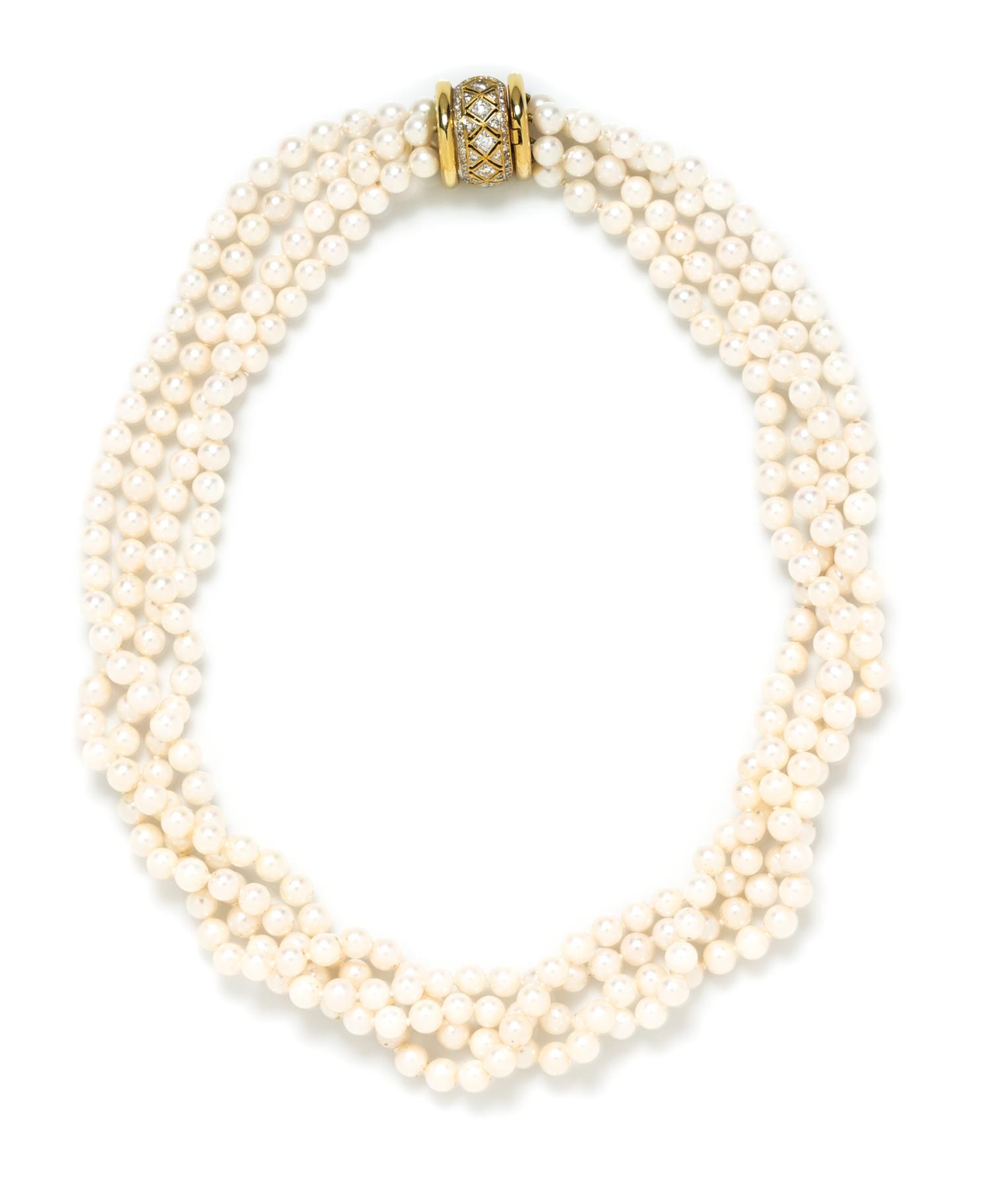 A Yellow Gold, Diamond and Cultured Pearl Torsade Necklace,