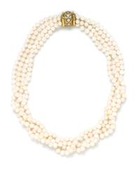 A Yellow Gold, Diamond and Cultured Pearl Torsade Necklace,