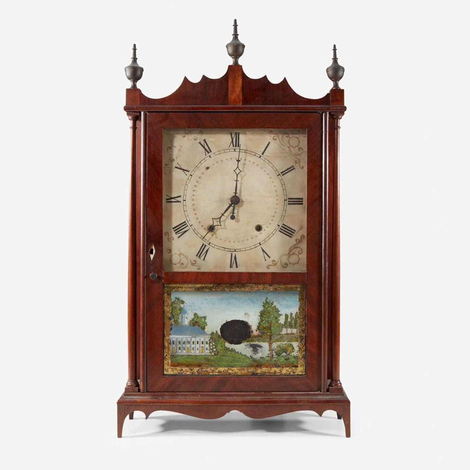 A Federal Carved Mahogany and Églomisé Mantel Clock Eli Terry & Sons, Plymouth, CT, circa 1823-1828