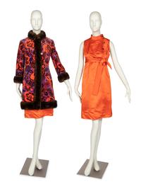 Bill Blass for Maurice Rentner Floral Velvet Coat & Dress Ensemble with Mink Trim, 1960s