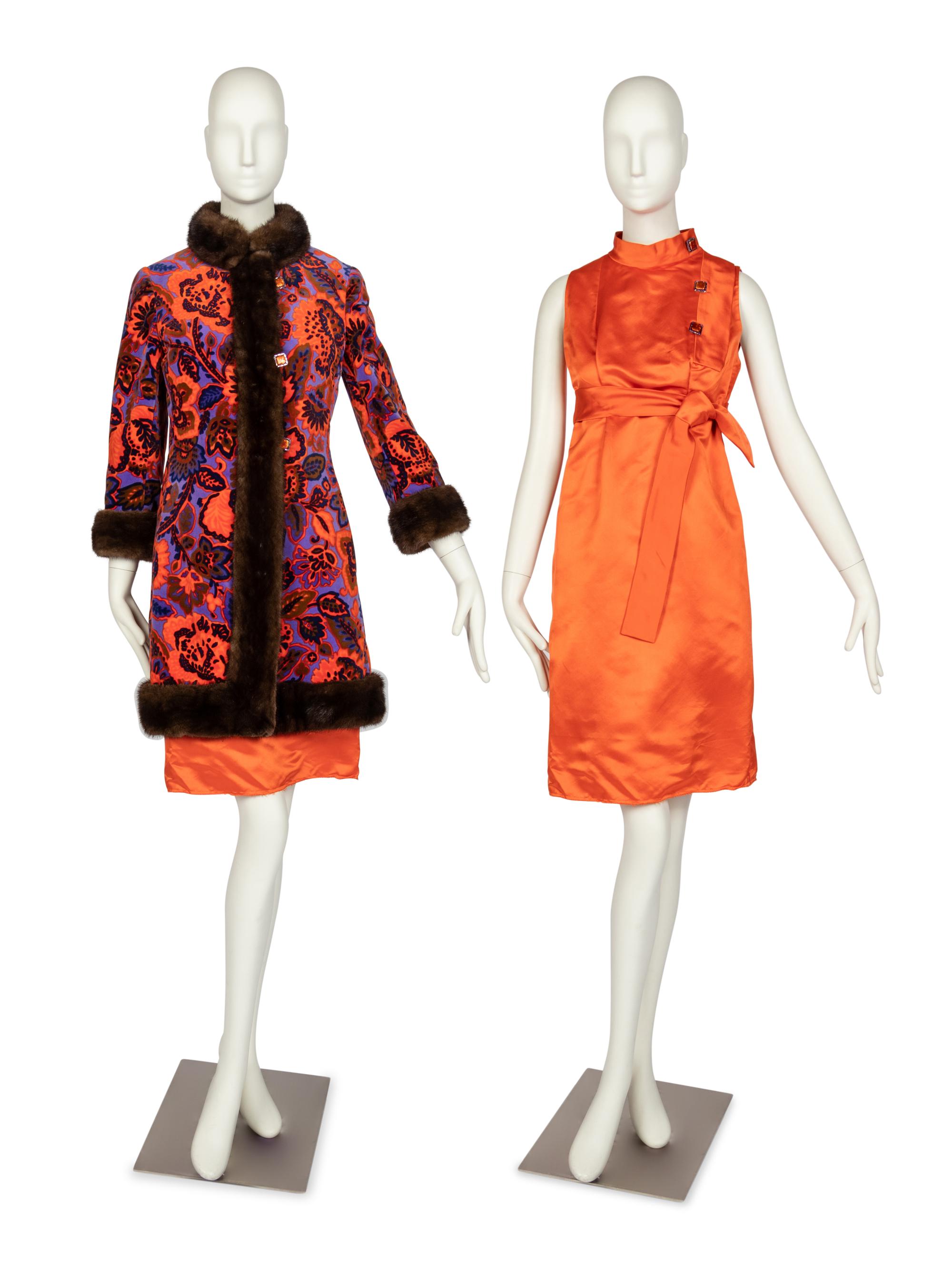 Bill Blass for Maurice Rentner Floral Velvet Coat & Dress Ensemble with Mink Trim, 1960s