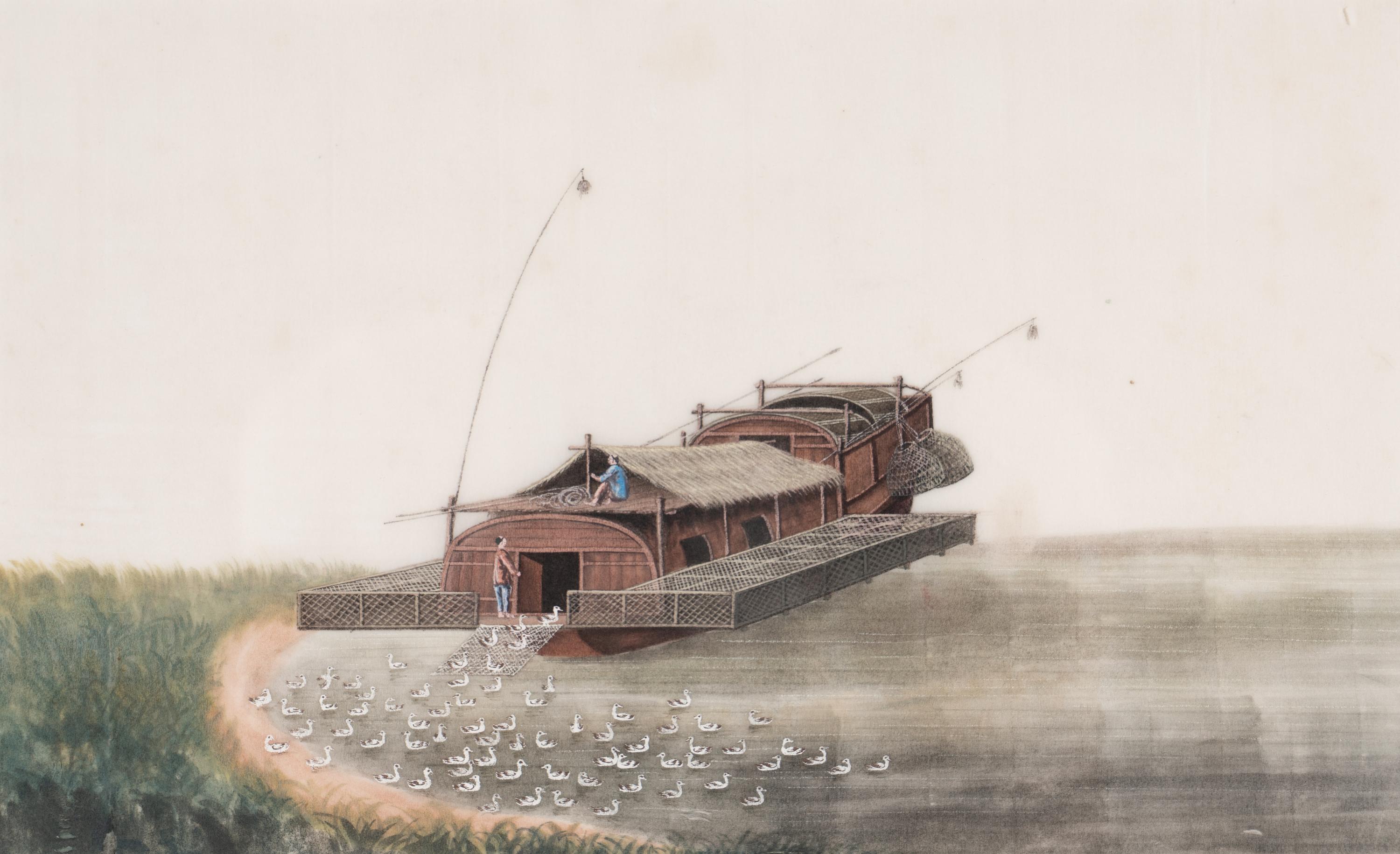 A Set of Eight Chinese Export Pith Paintings, Late Qing Dynasty 清晚期 通草畫船隻圖鏡框八幅
