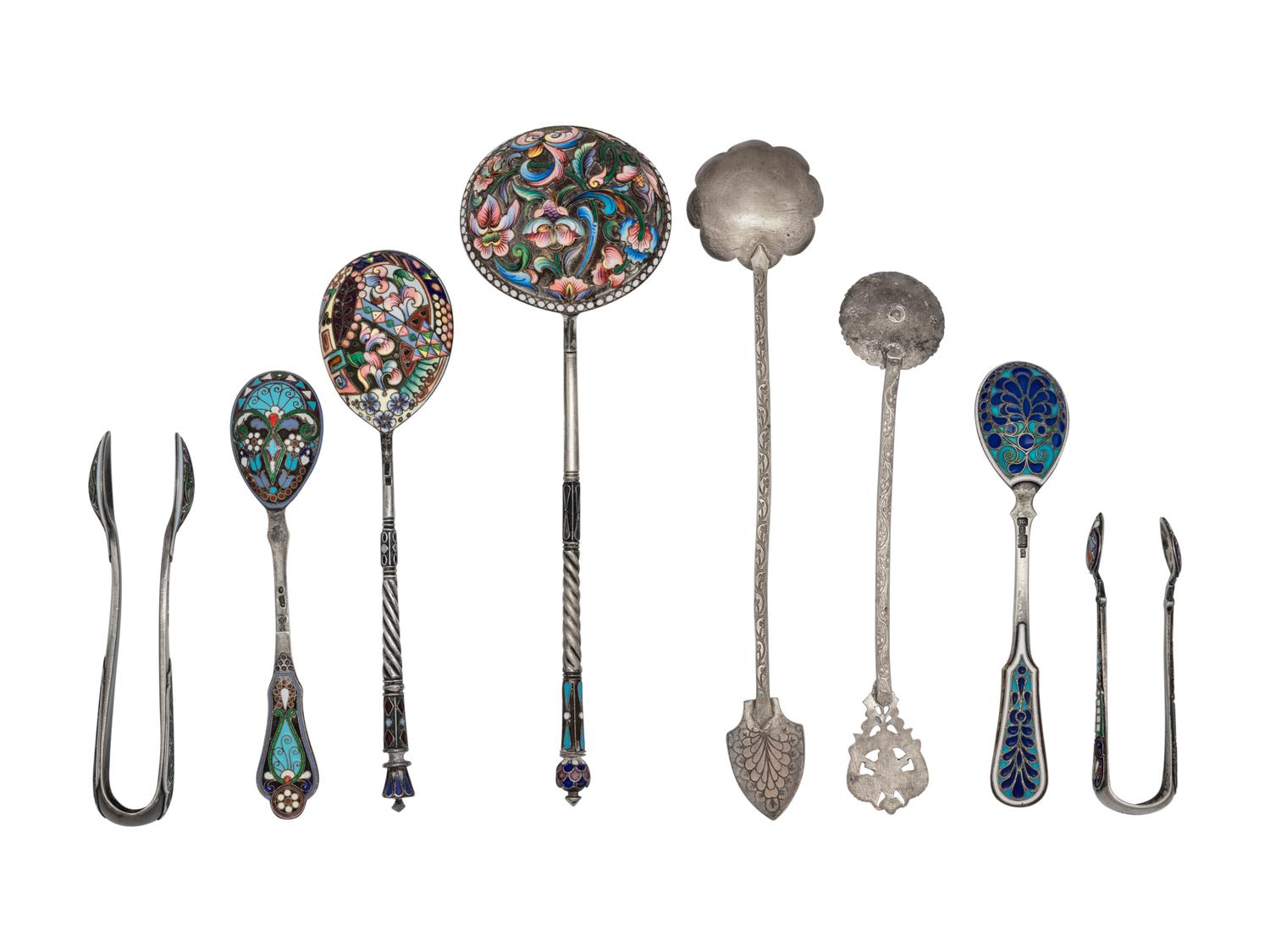 A Group of Six Russian Enameled Silver Flatware Articles