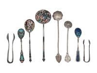 A Group of Six Russian Enameled Silver Flatware Articles