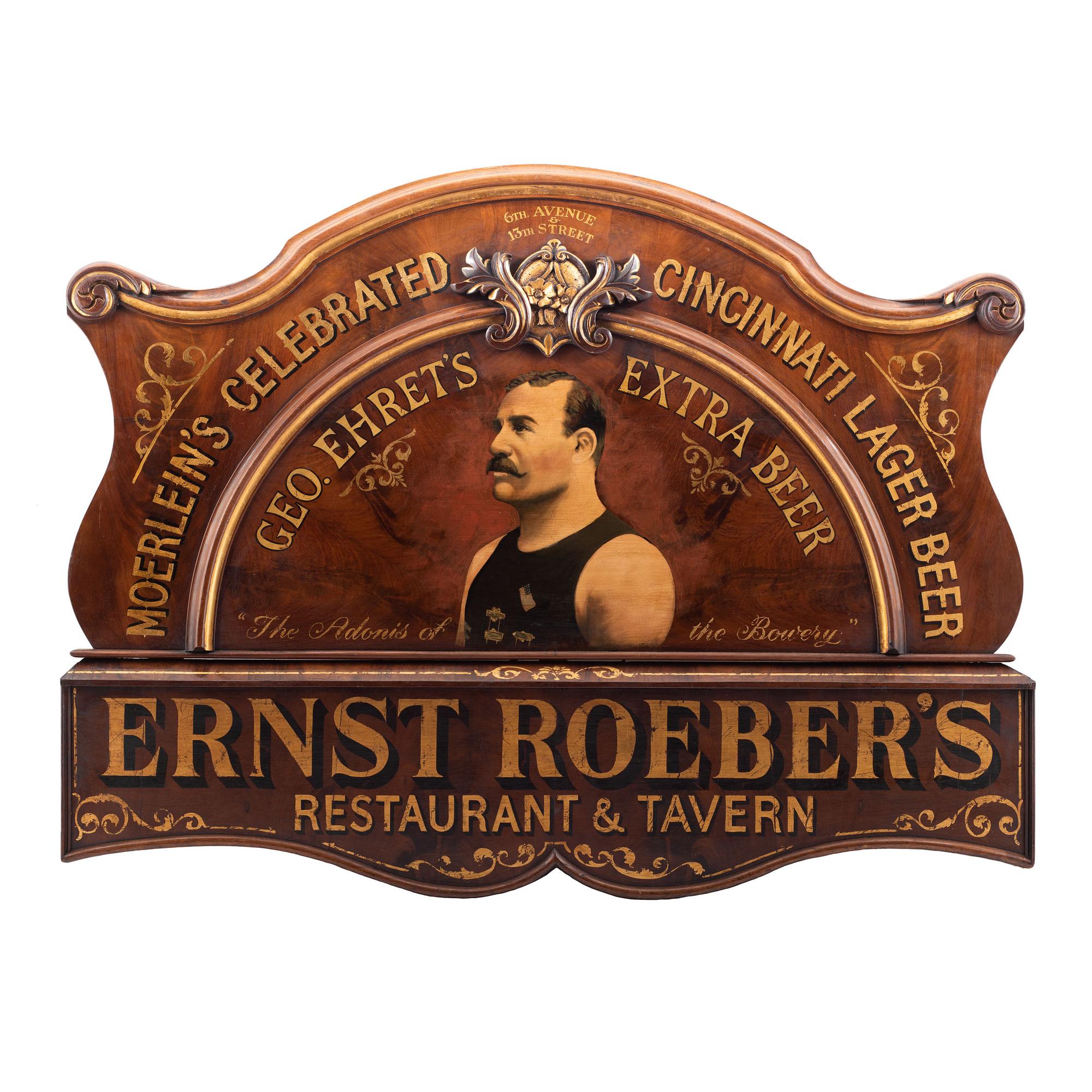 A Morlein’s Celebrated Cincinnati Lager Ernst Roeber’s Restaurant & Tavern Painted Wood Advertising Sign