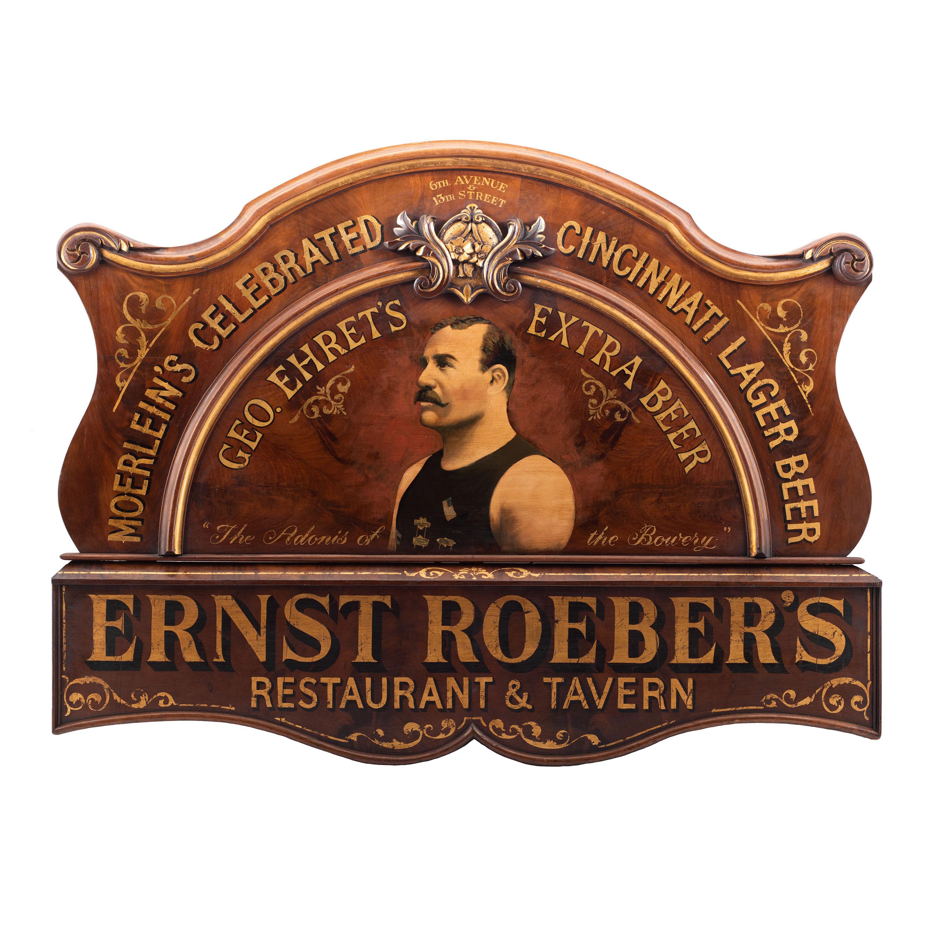 A Morlein’s Celebrated Cincinnati Lager Ernst Roeber’s Restaurant & Tavern Painted Wood Advertising Sign