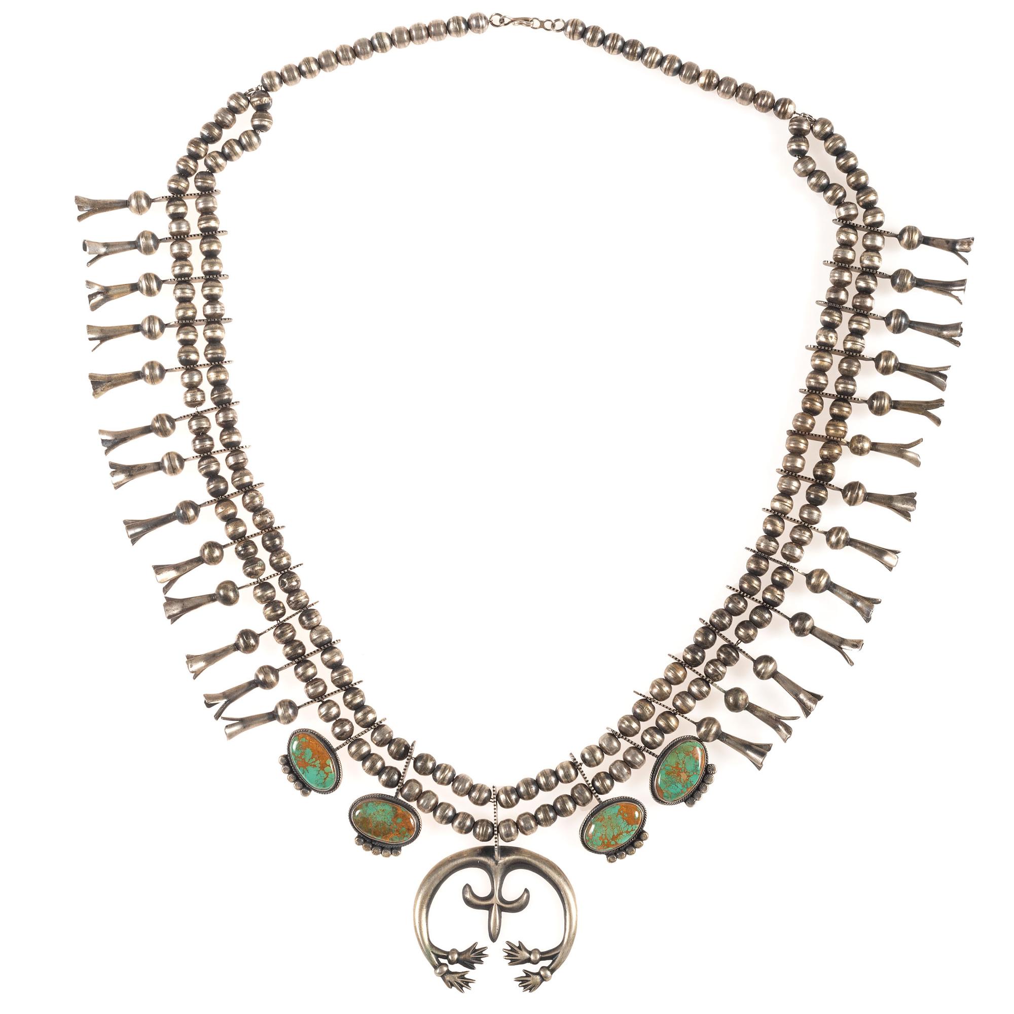 Navajo Silver and Turquoise Squash Blossom Necklace
