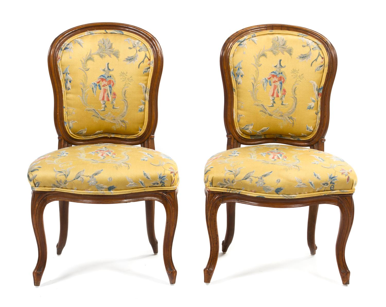 A Pair of Louis XV Style Walnut Side Chairs, Height 35 inches.