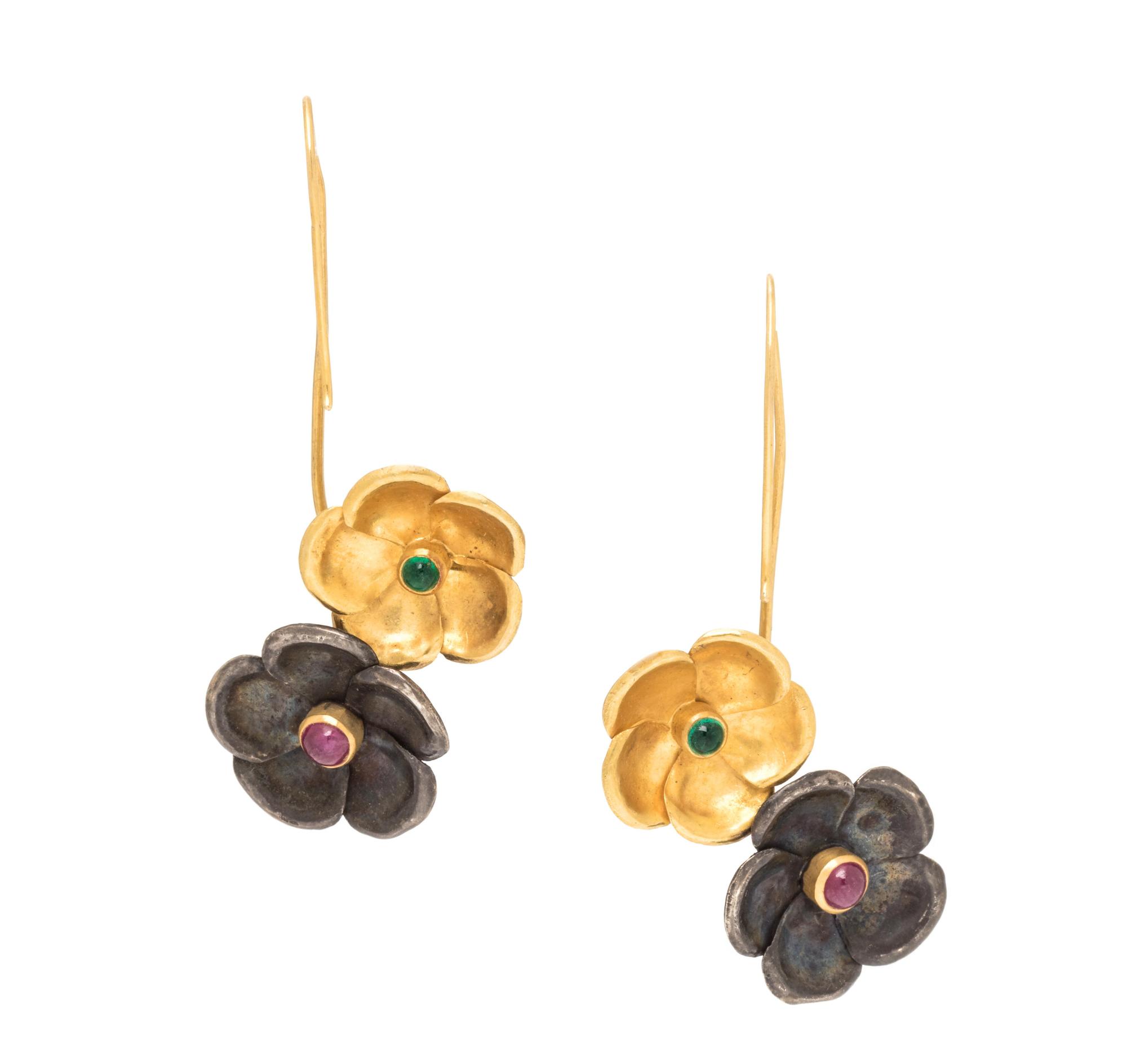 YELLOW GOLD, SILVER, RUBY AND EMERALD FLOWER EARRINGS