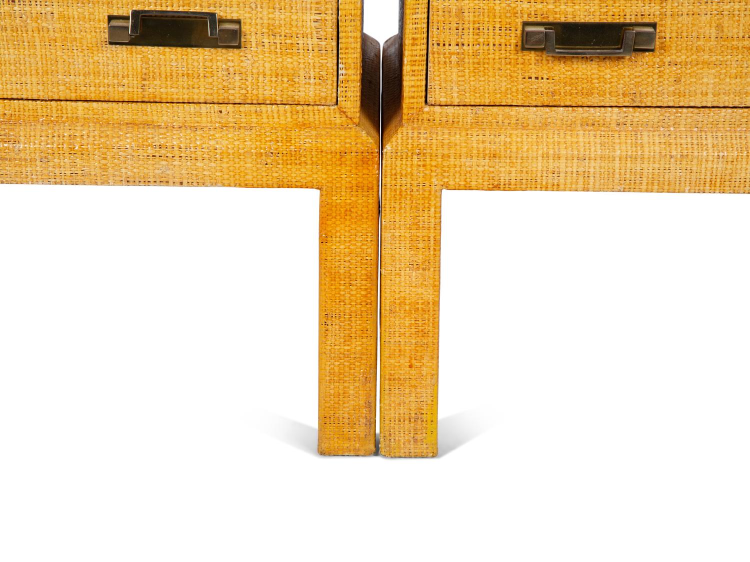A Pair of Lacquered Raffia-Veneered Two-Drawer Side Tables