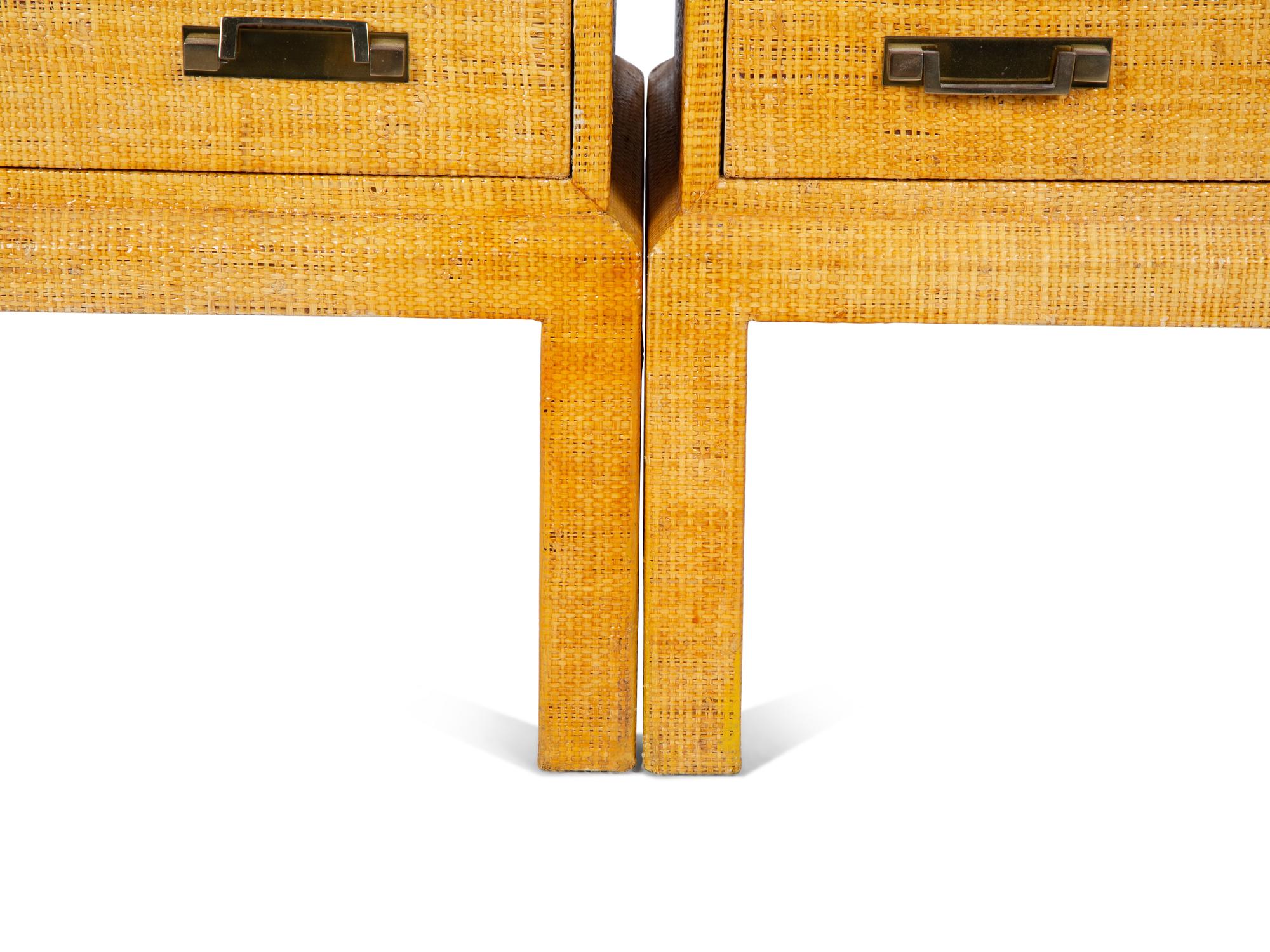 A Pair of Lacquered Raffia-Veneered Two-Drawer Side Tables