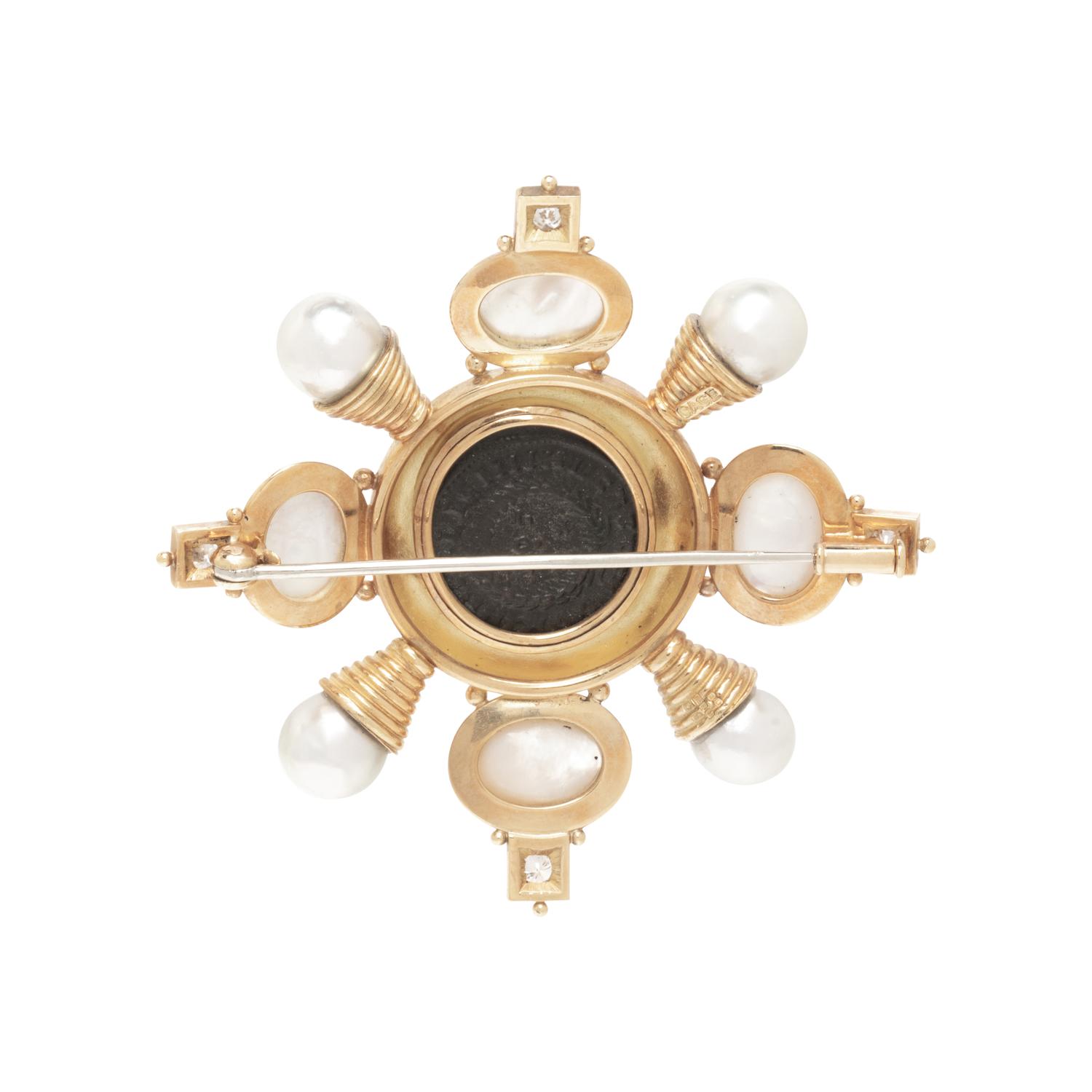 ELIZABETH GAGE, ANCIENT COIN, CULTURED PEARL, AND DIAMOND BROOCH