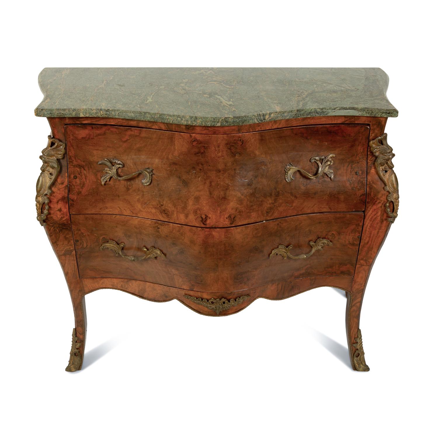 A Louis XV Style Gilt Metal Mounted Marble Top Bombe Commode