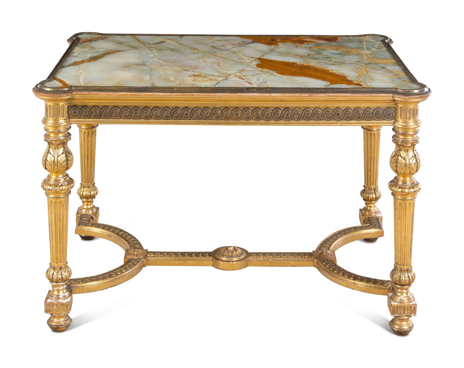 A Louis XVI Style Giltwood and Onyx-Inset Center Table