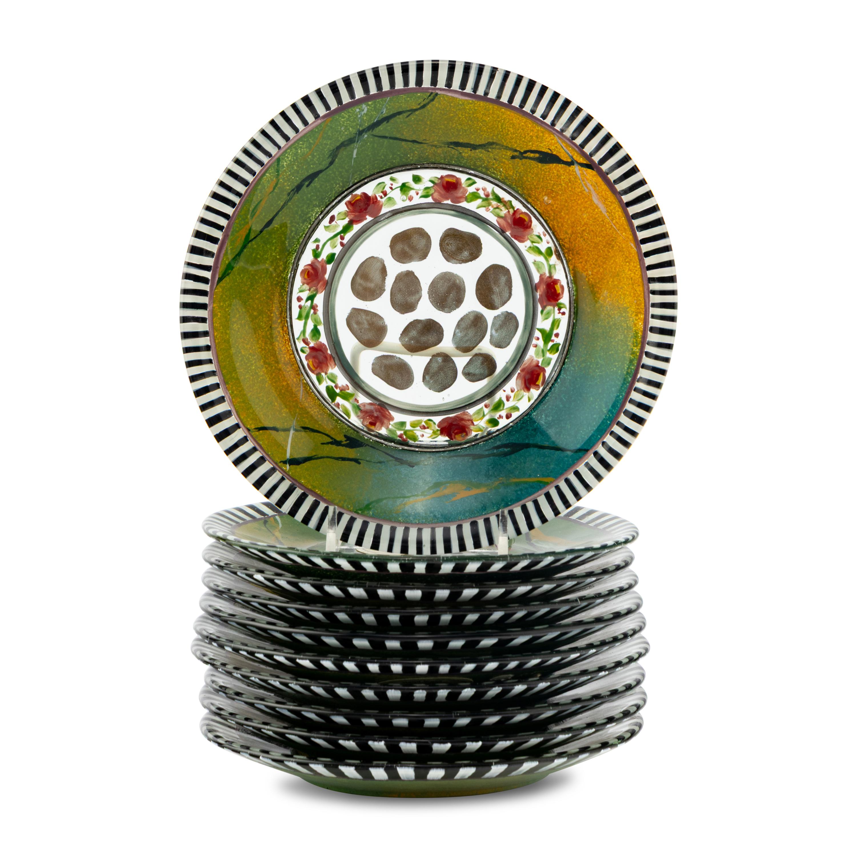 A MacKenzie Childs Hand-Painted Glass Dessert Service for Twenty