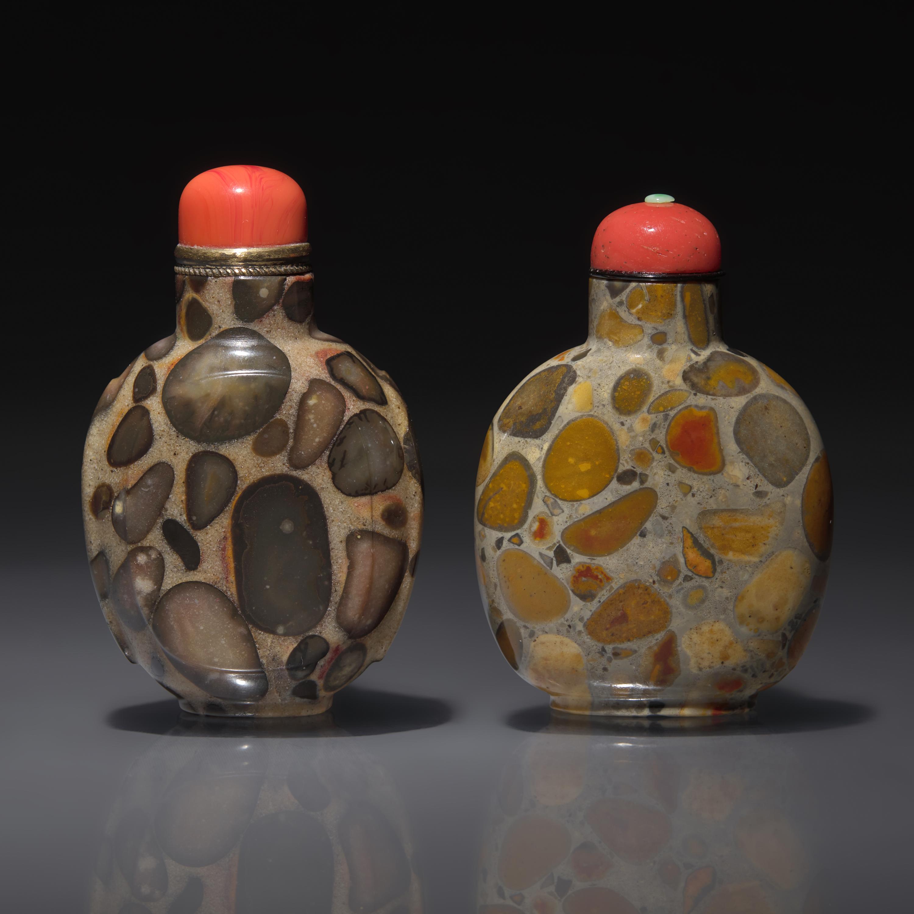 Two Chinese Puddingstone Snuff Bottles, Qing Dynasty, Circa 1750-1850